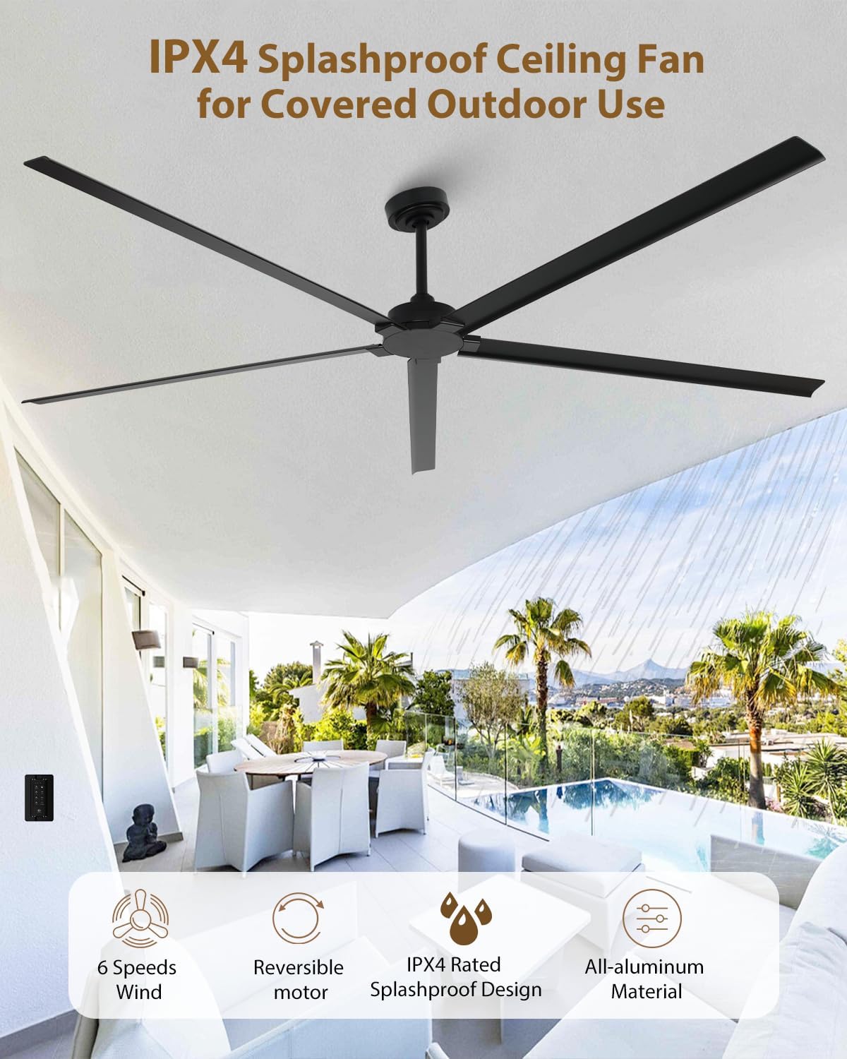 84 Inch Black Outdoor Ceiling Fan No Light and Remote, Modern Industrial Ceiling Fans without Lights – IPX4 Rated, 6-Speed, Aluminum Blades, Large Commercial Ceiling Fan for Patios Garage