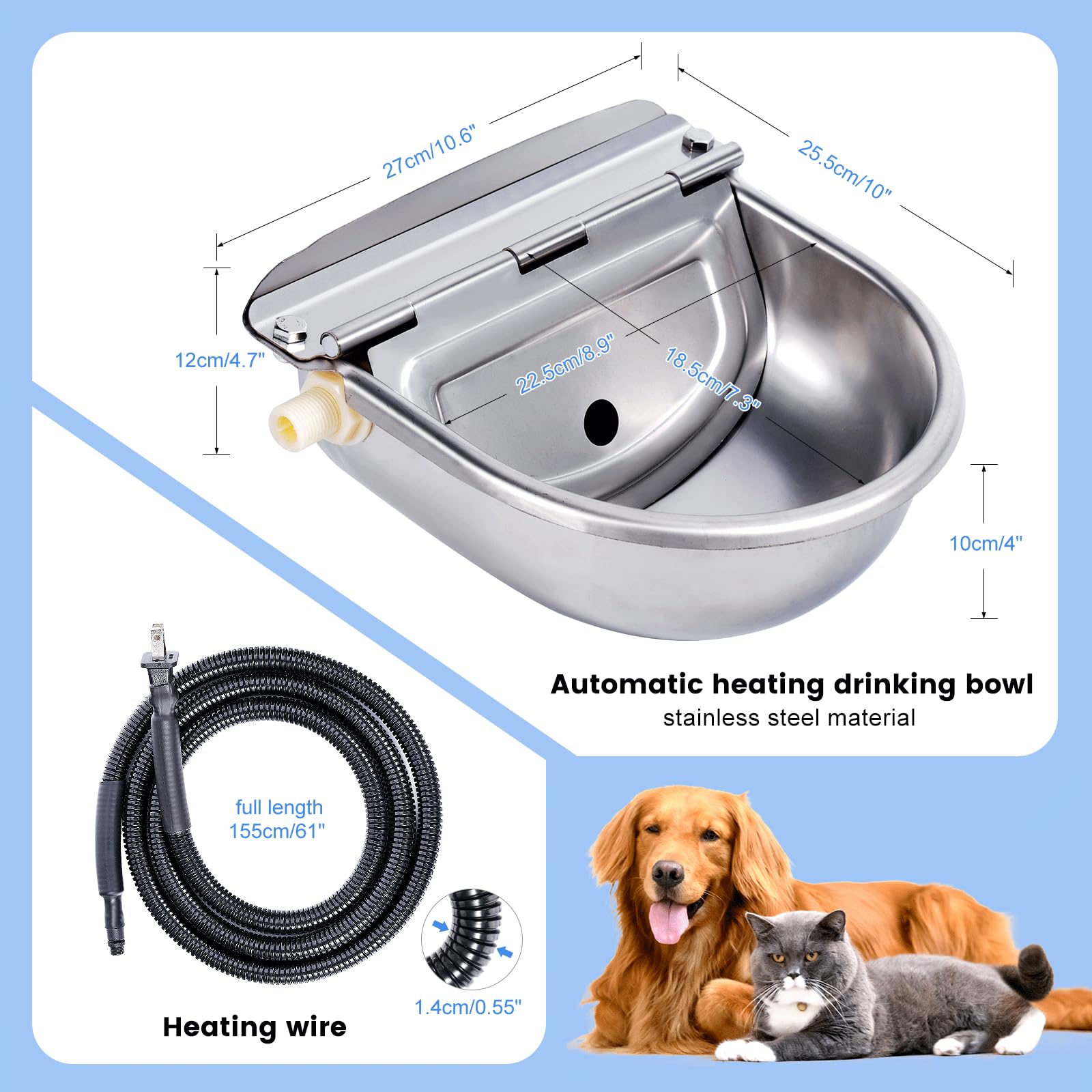 Cuenco de agua con calefacción para gatos al aire libre, cuenco térmico automático para perros con cable antimasticación y dispensador automático de agua para perros, gatos, caballos, vacas