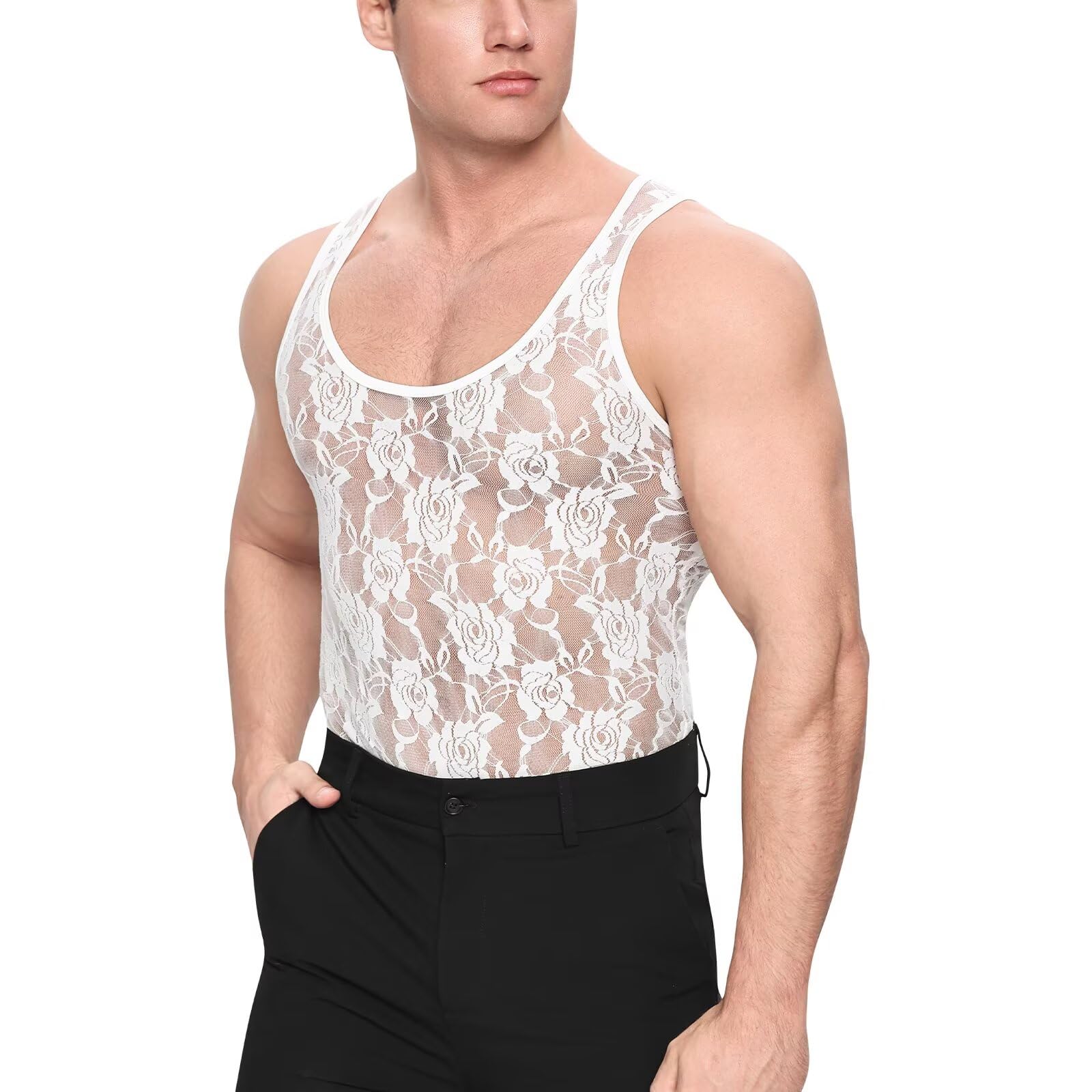 Landofgenie Body Homme Dentelle sans Manches - Tank Top Respirant avec Fermeture à Bouton-Pression à l'entrejambe