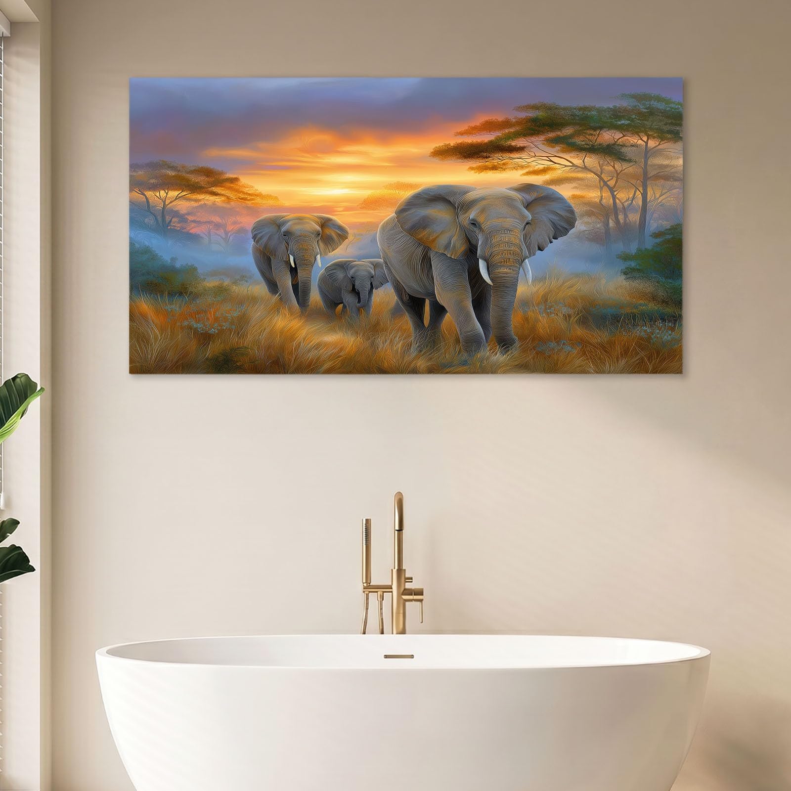 Obraz ścienny zwierzęta, obraz na płótnie - ściana na płótnie 100 x 70 cm, wydruk na płótnie ze słoniem, zachód słońca, akacja, oprawiona sztuka ścienna do salonu i sypialni, dekoracja ścienna