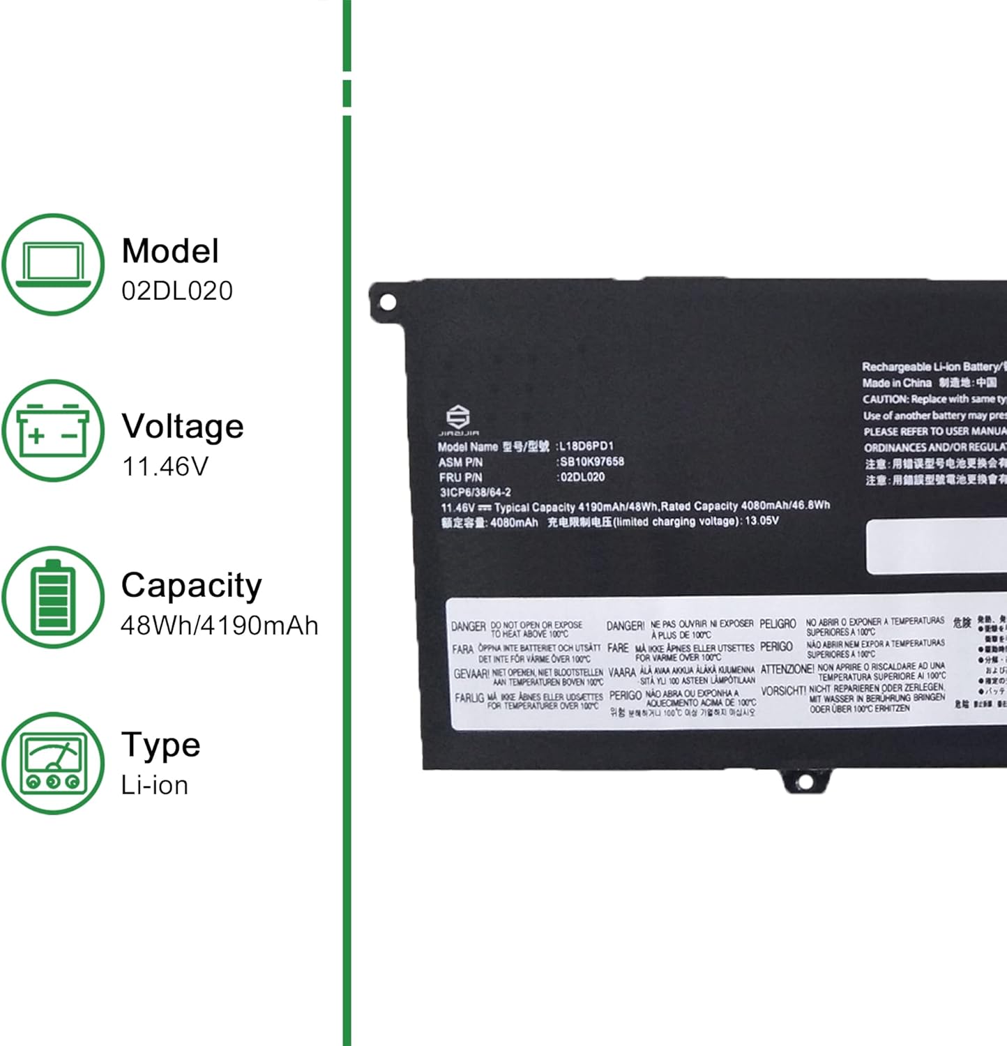 02DL020 L18D6PD1 SB10K97658 Laptop Battery Replacement for Lenovo ThinkPad X390 X395 X13 Series 02DL019 L18C6PD1 SB10K97657 02DL018 L18M6PD2 SB10K97656 02DL017 L18M6PD1 SB10K97655 11.46V 48Wh