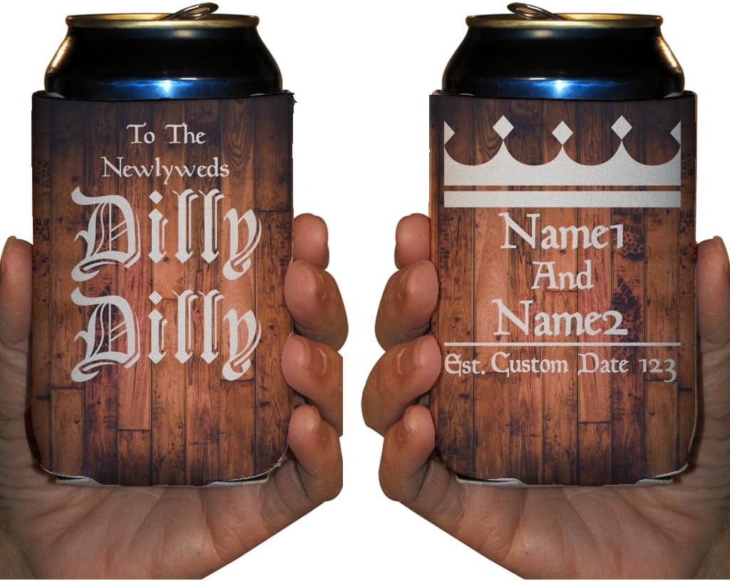 VictoryStore Can and Beverage Coolers - Custom Wedding Can Cooler, "To The Newlyweds Dilly Dilly"