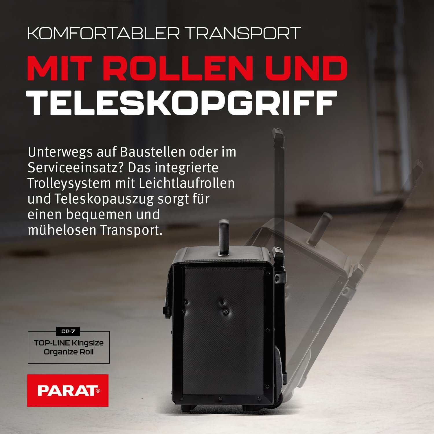 PARAT TOP-LINE KingSize Organize Roll CP-7 | torba narzędziowa pusta 28 l z rolkami i uchwytem wózka | duża skórzana torba z szufladami, uchwytem CP-7 i wkładką do noszenia | wytrzymała torba na