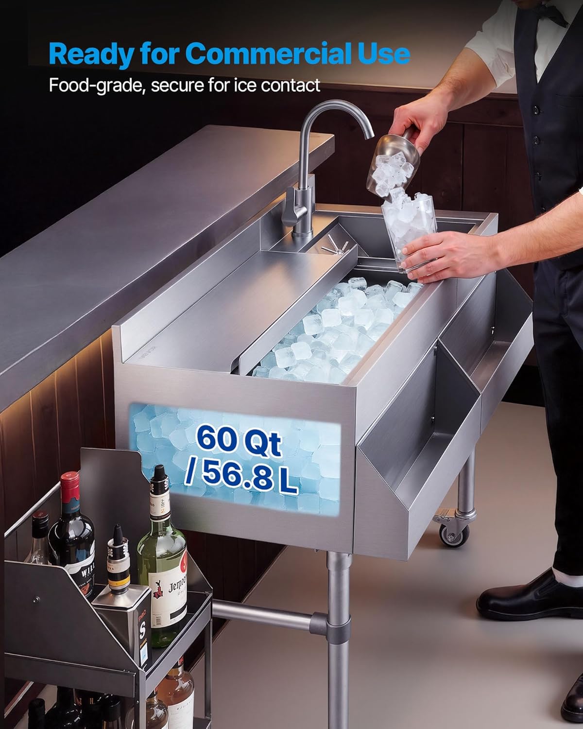 VEVOR Commercial Ice Bin with Sink & Faucet, Stainless Steel Ice Chest with Sliding Lid and Bottle Holders, Cooler Cart Cocktail Unit for Bar Restaurant Pub