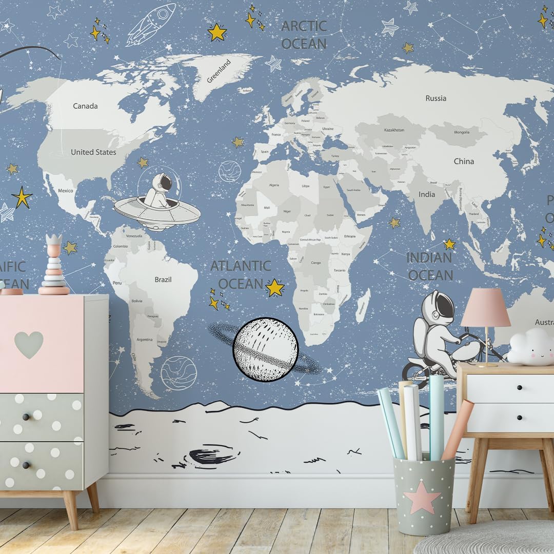 Kids Room Wallpaper Astronaut Space – Giant World Map with Countries Mural - Nursery Wallpaper Peel and Stick – Kids Wall Murals for Girls Boys Baby – Waterproof Self Adhesive (408215, 111W x 100H)