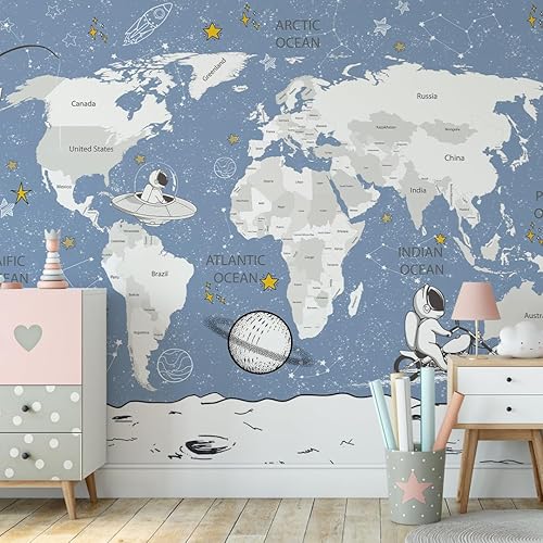 Vista 132 de Papel tapiz para habitación de niños, mapa del mundo con países, papel tapiz para guardería de animales pelar y pegar, murales de pared para niños