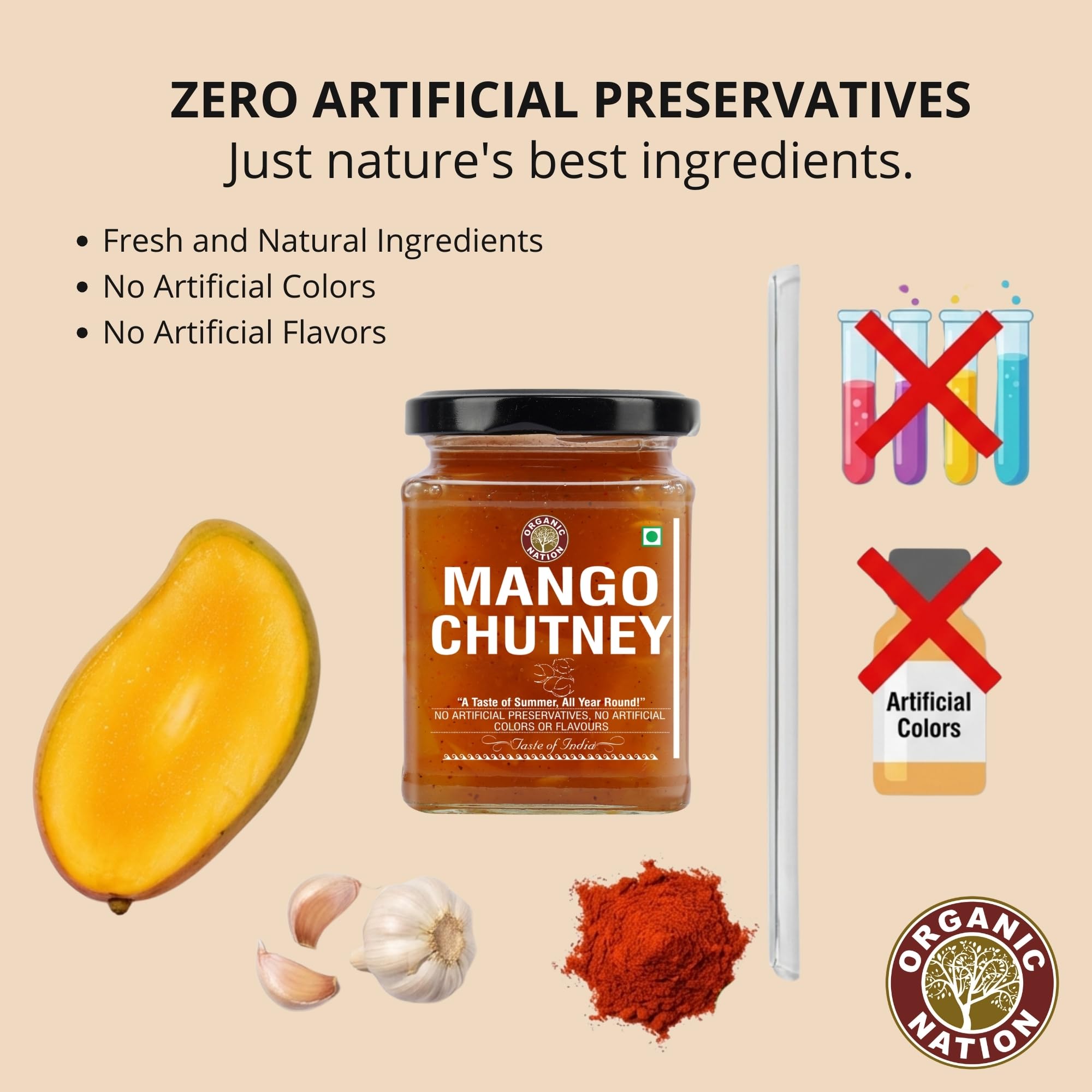 ORGANIC NATION Mango Chutney - Delicious Indian Sweet & Spicy Relish, Handcrafted with Fresh Mangoes & Natural Spices, No Preservatives, 300g, Natural Golden Hue Perfect for Dips, Sandwiches & Curries 1