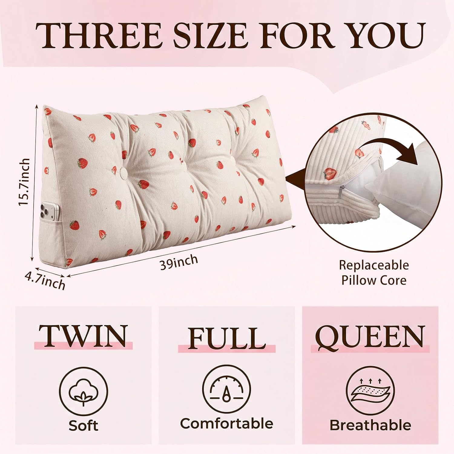 Strawberry Headboard Pillow Twin, Corduroy Triangle Pillows for Headboard, Head Board Backrest Wedge Pillow for Reading Sitting Working, Daybed Pillows with Removable Cover for Bed Dorm Sofa, Beige