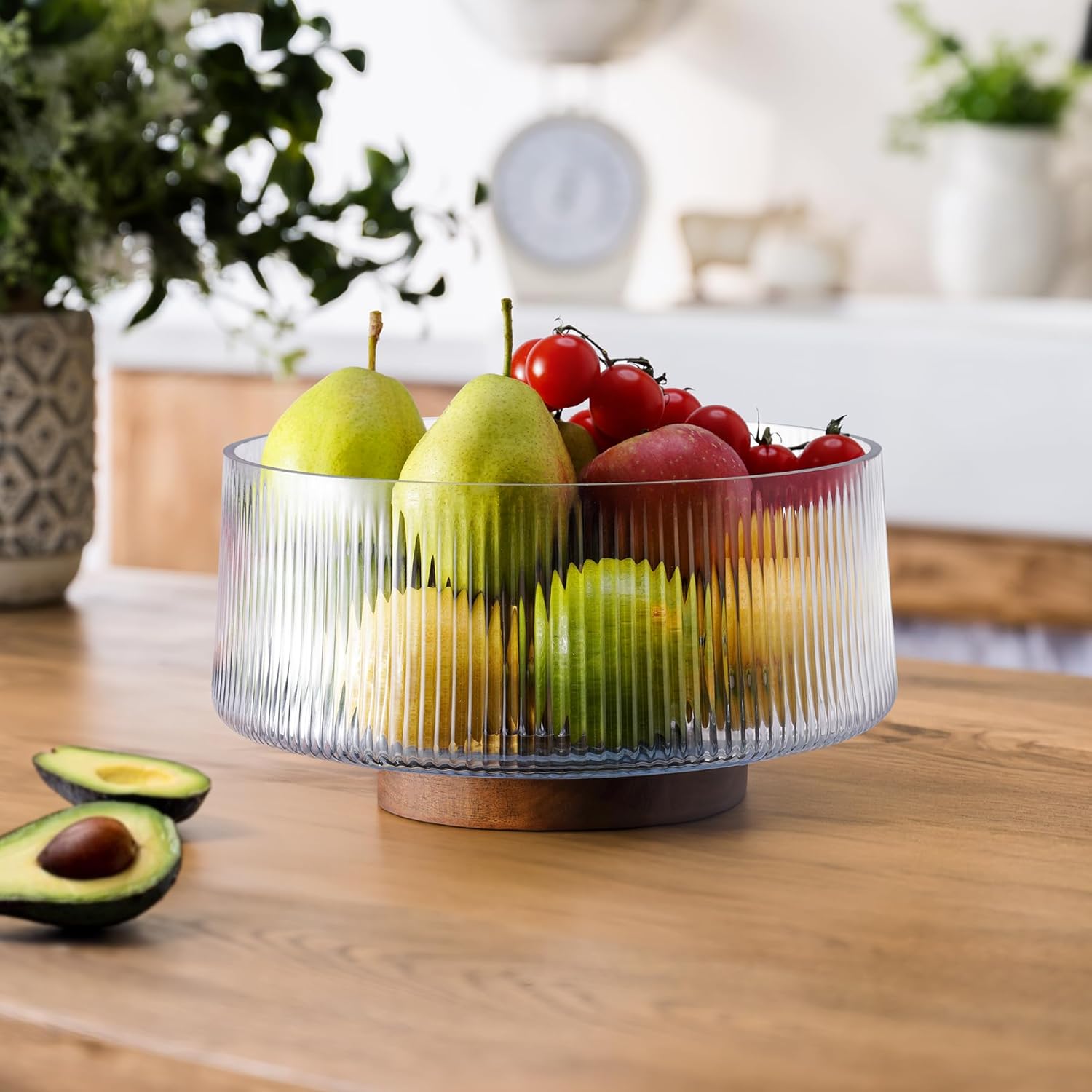 NiHome Extra Large Glass Salad Bowl with Natural Acacia Wood Base & Wooden Serving Utensils for Family Dinners, Parties, Gatherings, Multipurpose Oversized Glass Bowl for Salads(Separate-Piece Design) - Image 6