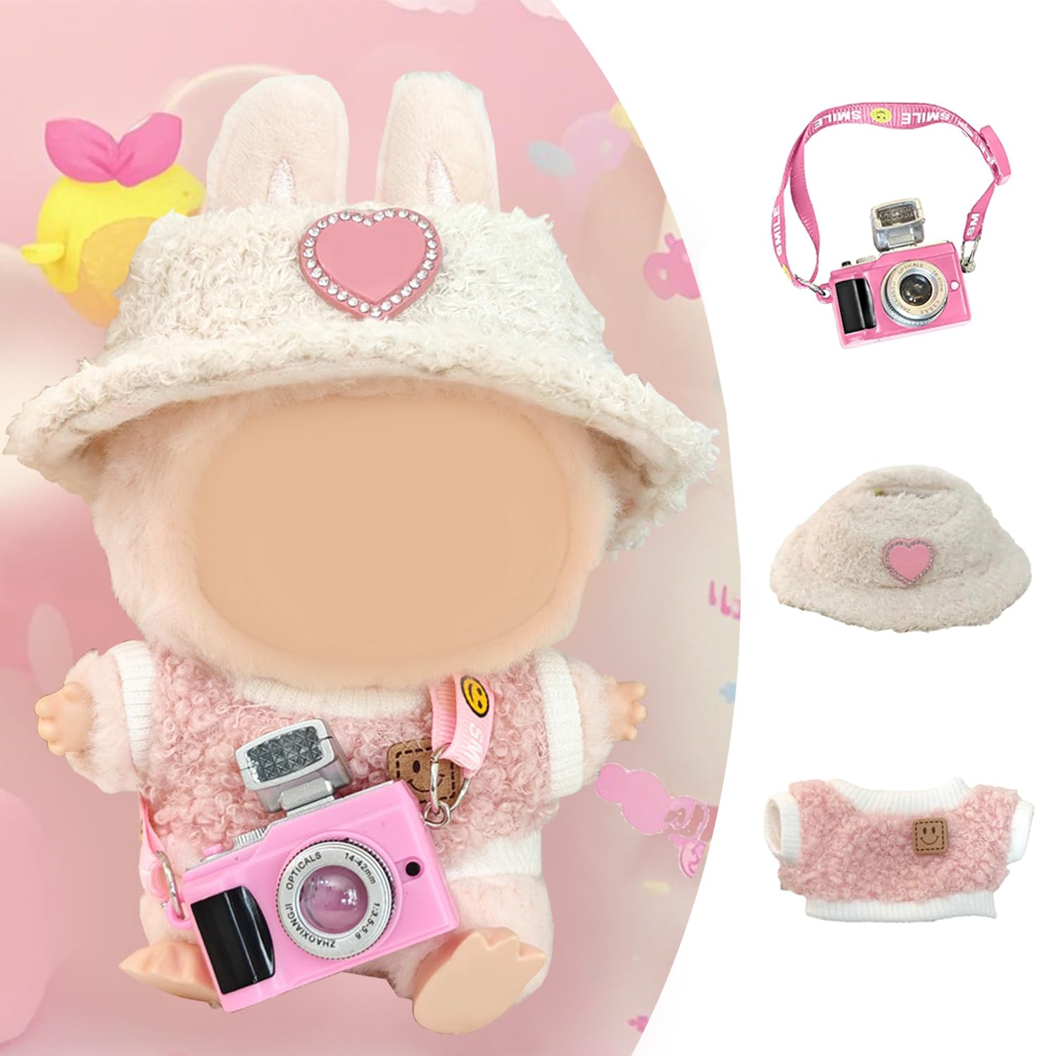 Plush Clothes, 3 Costumes, Delicate Accessories with Pink Heart Hat, Small Camera and Clothes