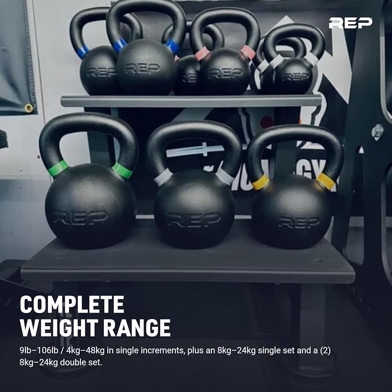 REP Fitness Juego de pesas rusas individuales, de 4 kg a 24 kg, rango de peso de 9 lb a 53 lb, hierro fundido, entrenamiento de fuerza, gimnasio en casa, equipo de entrenamiento de potencia, pesas libres, alternativa a mancuernas