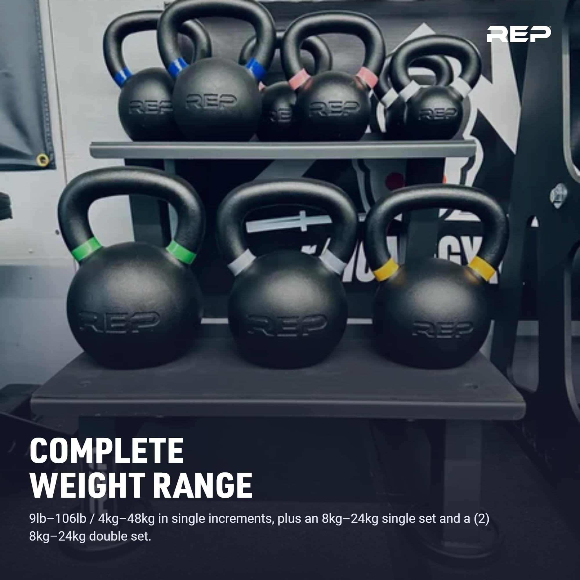 Piglagogo REP Fitness Kettlebells do crossfitu, z oznaczeniami LB i kg