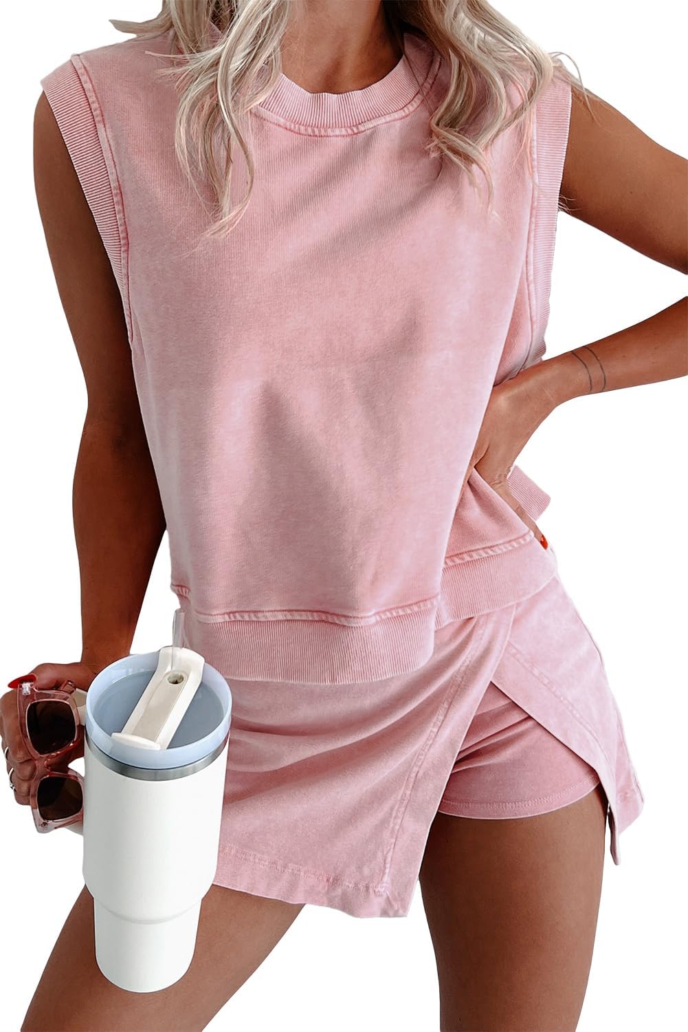 Opemiby Summer Sets Women 2 Piece Outfits Sleeveless Tank and Elastic Waist Skort Travel Vacation Matching Athletic Set