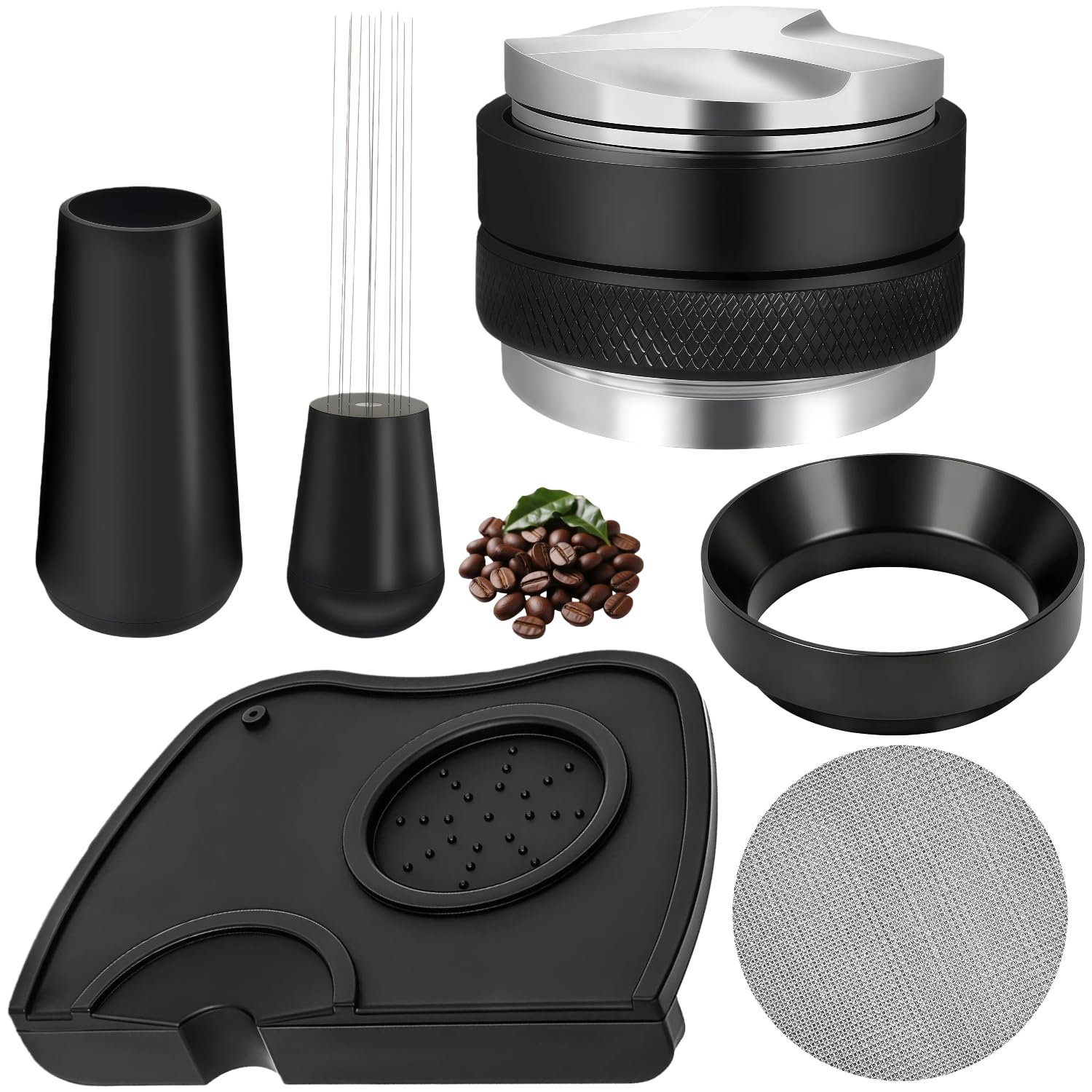 Ensemble Complet pour Espresso 51mm (5 pièces) : Distributeur Double Face Lourd, Anneau Doseur Magnétique, Outil WDT, Écran de Dispersion et Tapis de Tassage en Silicone