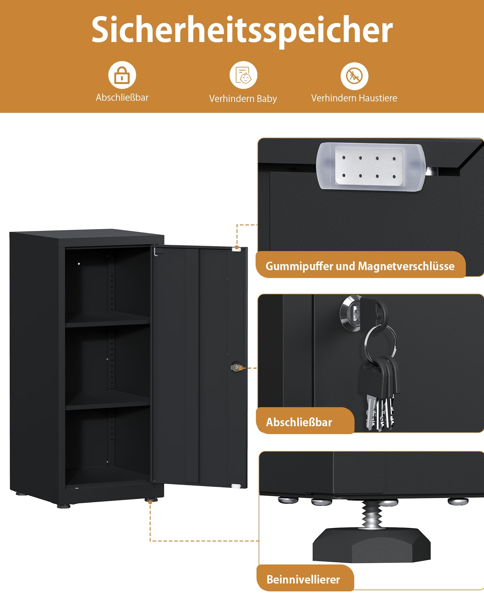 Aktenschrank abschließbar 40 x 40 x 91.5cm Metallschrank Schwarz