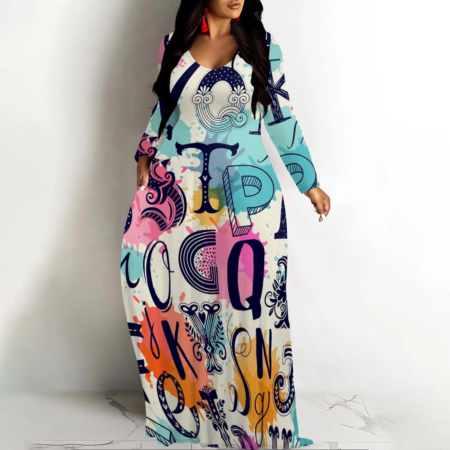 Plus Size Maxi Long Dress Fall Winter Clothes Sexy Outfits for Women Printed Loose Cute Dress - Image 2