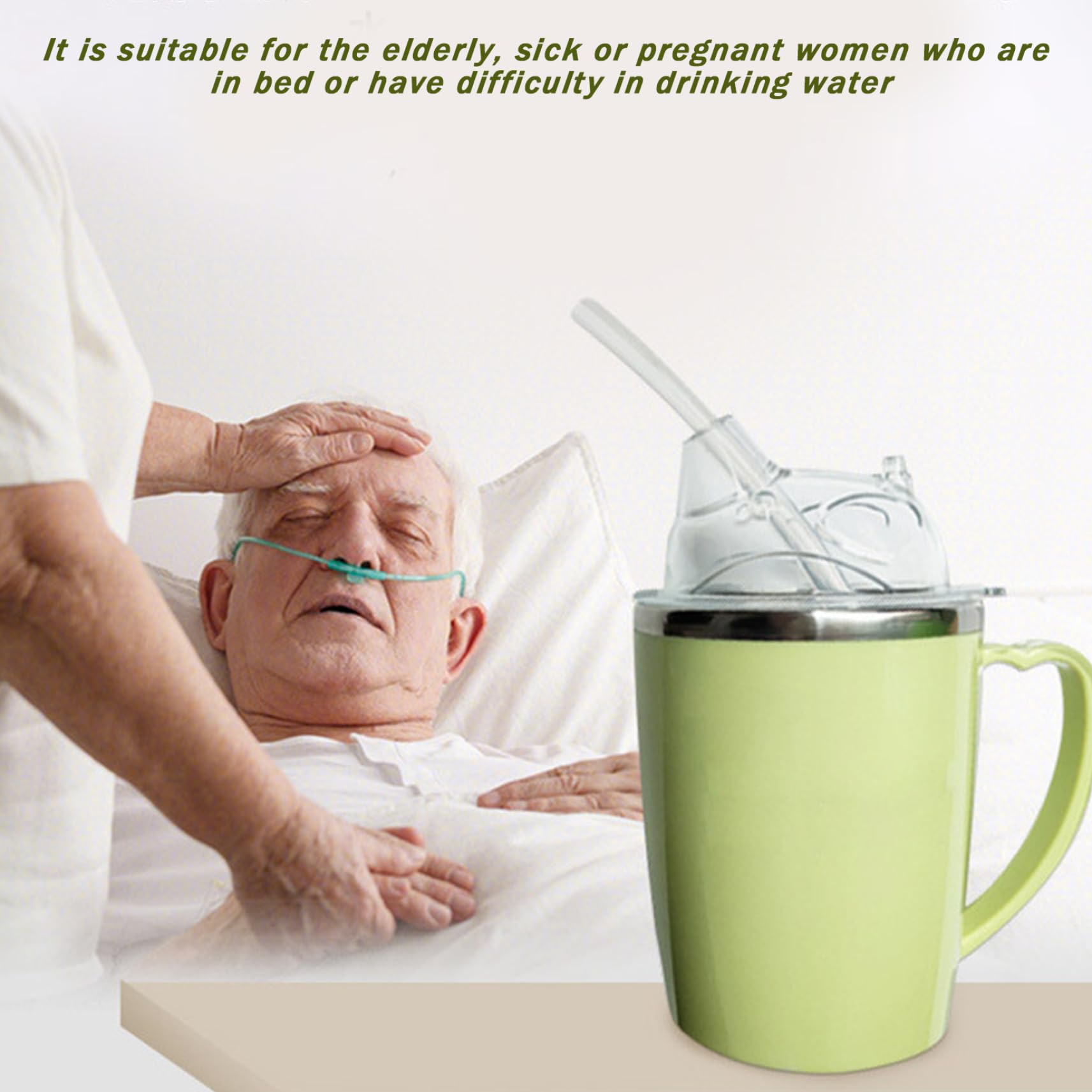 Vaso para adultos con pajita, vaso de acero inoxidable con asa para disfagia a prueba de derrames para ancianos y pacientes discapacitados