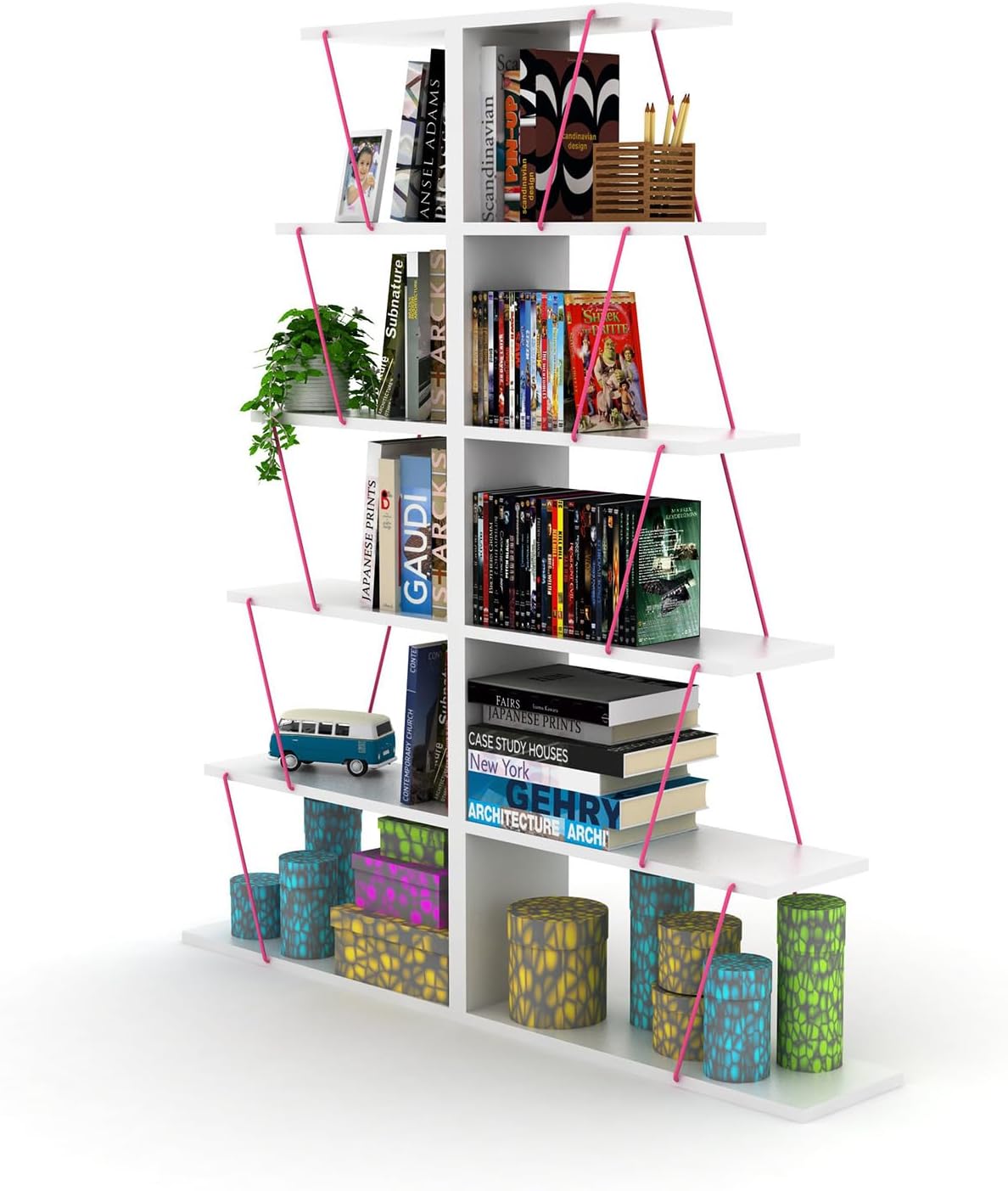 Furnish Home Store Modern 5 Tier Ladder Bookshelf Organizers, Narrow Bookshelf for Small Spaces Office Furniture Bookcase,White/Pink