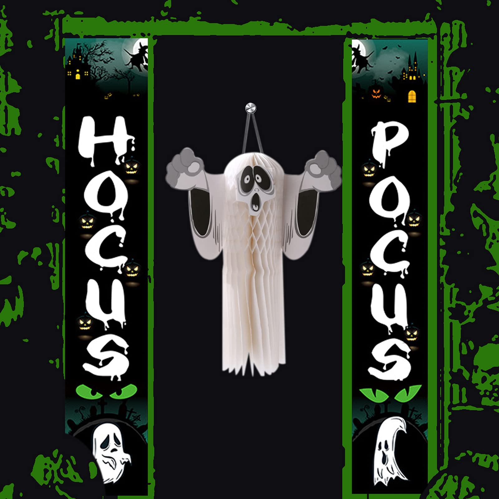 2PCS Hocus Pocus Decorations Banner With 1PC 3D Ghost, SHINETAO Outdoor Halloween Decorations- Hocus Pocus Decor Hanging Flags Halloween Porch Decor for Front Door, Home, Porch, Yard, Indoor and Outdoor(Blue)