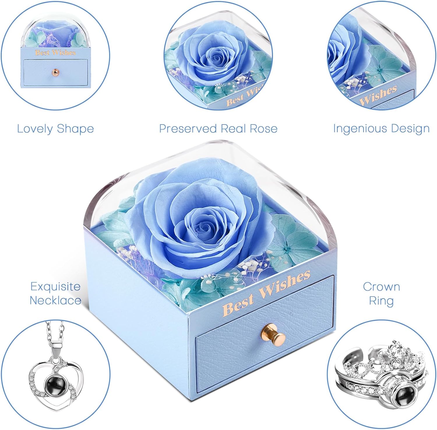 WOKEISE Preserved Real Rose with I Love You Necklace and Crown Ring 100 Languages, Gifts for Women, Girlfriend, Wife, Mom, Grandma, Birthday, Anniversary, Valentine's Day, Mother's Day - Blue - Image 5