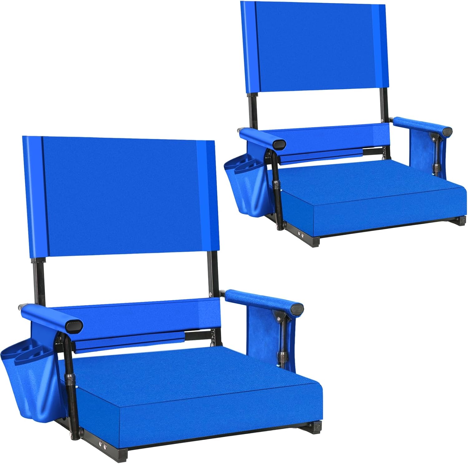 Romswi 2-Pack Stadium Seat with Height Adjustable High Back & Lumbar Support, 3" Thick Bleacher Chairs with 2 Height Adjustments, Armrests & Cup Holders, Comfortable & Portable, Black