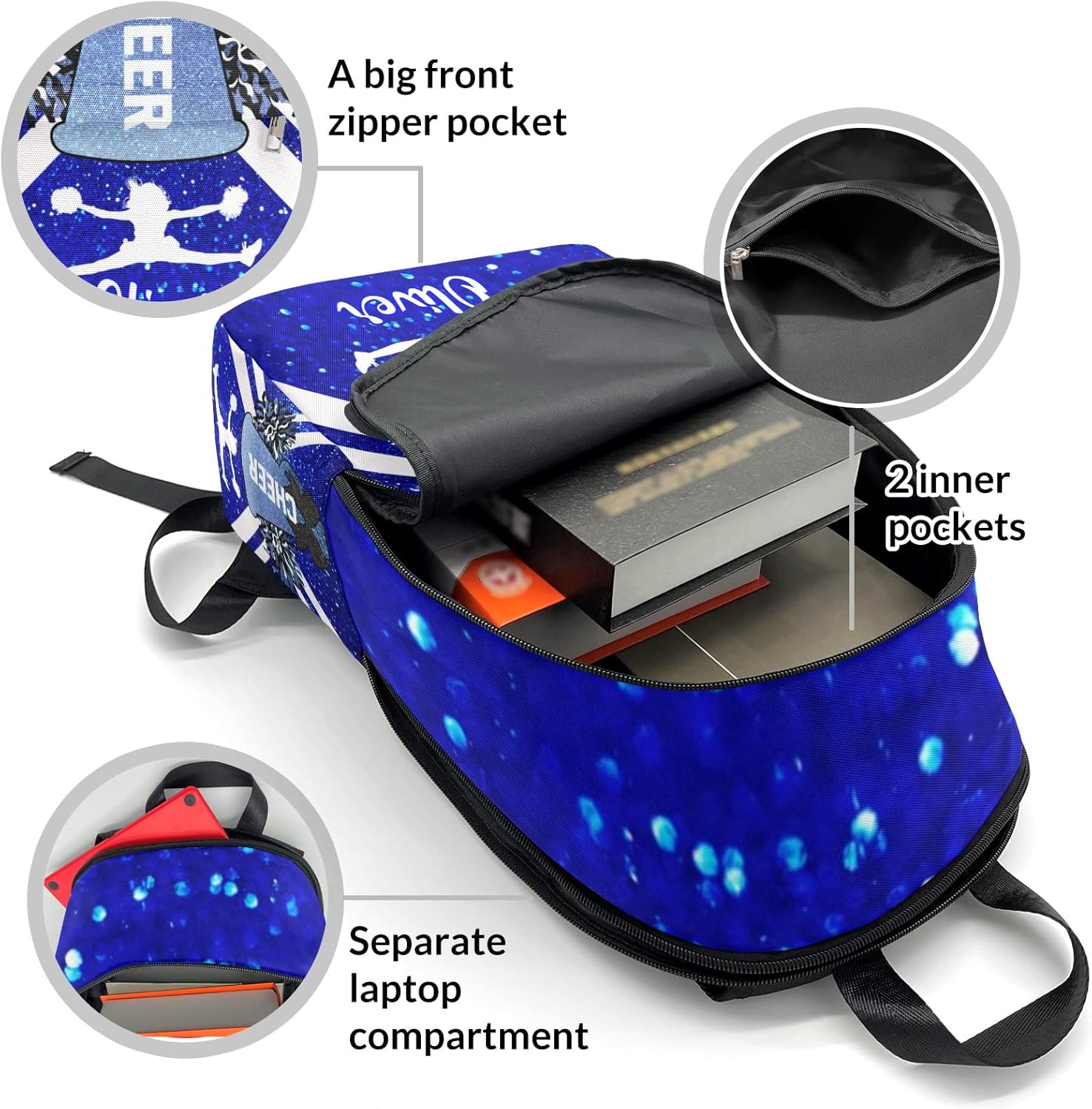 Blue White Cheerleader Cheer Backpack Shoulder Casual Travel Daypack Computer Laptop Bag for Women Men Gift