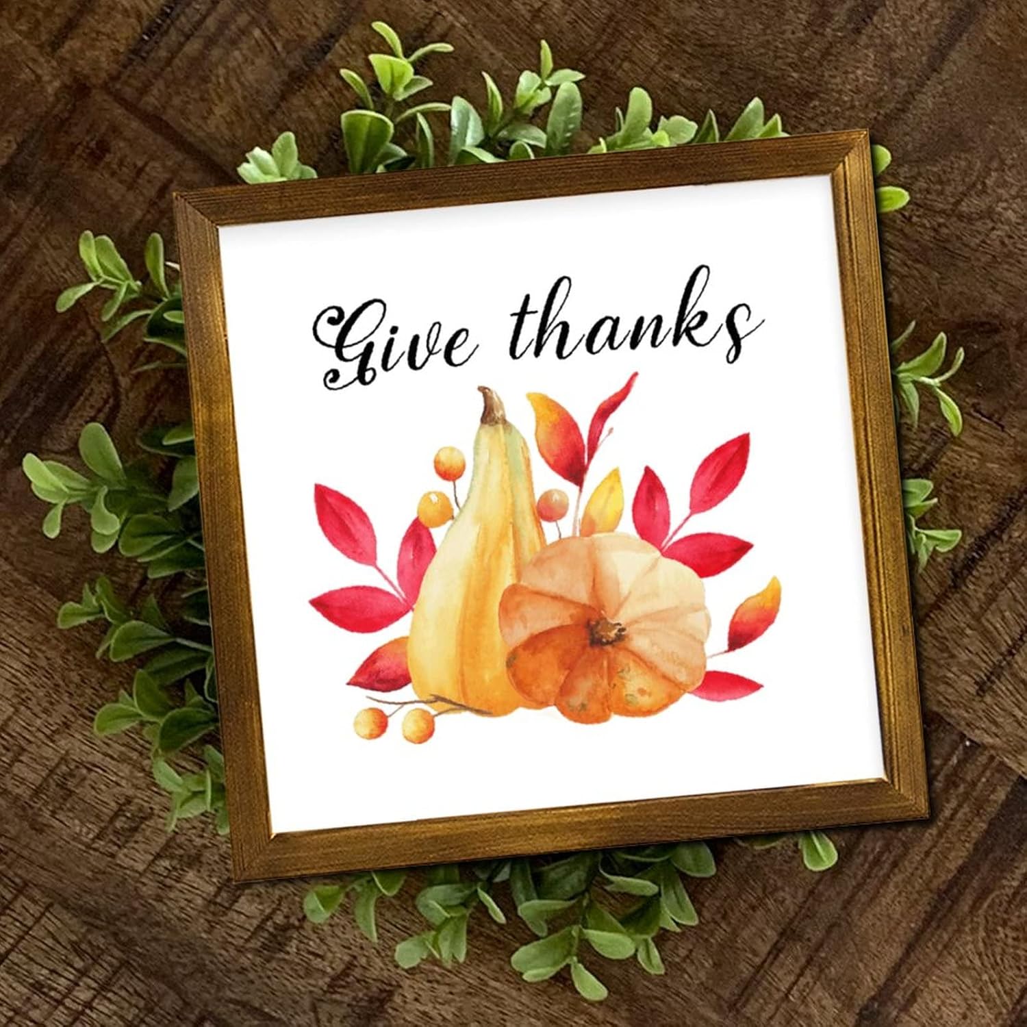 Give Thanks Wooden Framed Signs Fall Pumpkin Maple Leaves Wooden Wall Sign Farmhouse Farm Harvest Hanging Wall Signs Decorative for Home Restroom Bathroom Toilet Kitchen 12x12 inch