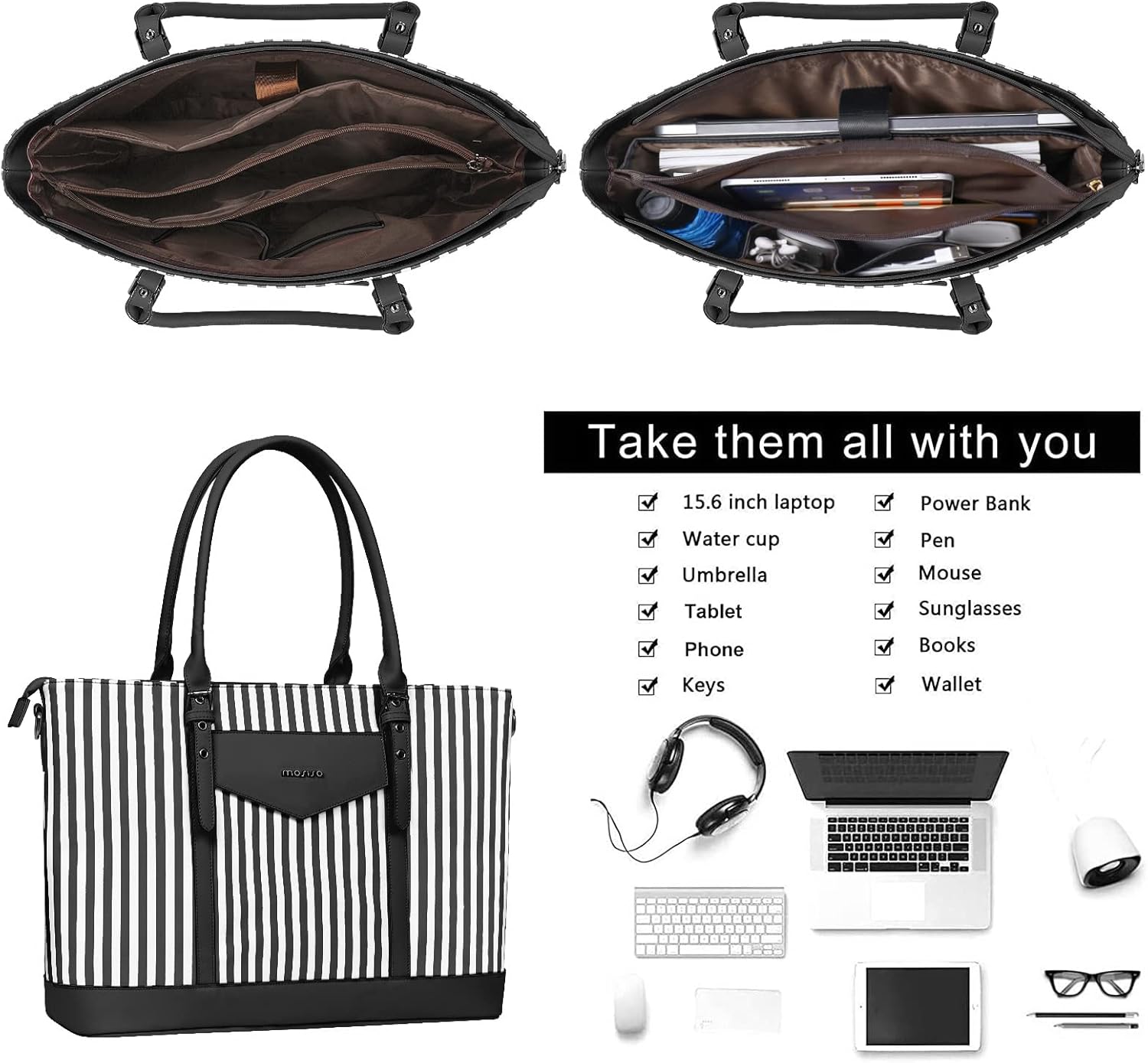 MOSISO Laptop Tote Bag for Women Compatible with MacBook, 17-17.3 inch Notebook and Chromebook, Waterproof Vertical Stripe PU Leather Travel Computer Bag with Envelope Pocket & Small Purse, Black - Image 3