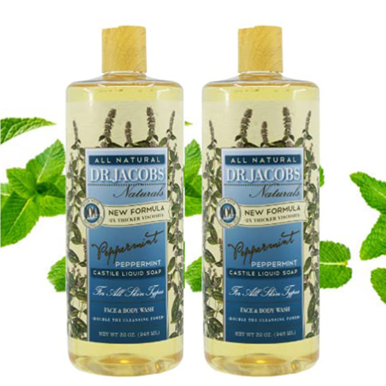 DR. JACOBS NATURALS Castile Peppermint All-Natural Body Wash for Moisturizing Dry and Sensitive Skin Shampoo with Plant-Based Ingredients Gluten, Preservatives-Free Formula - 32 oz, Pack of 2