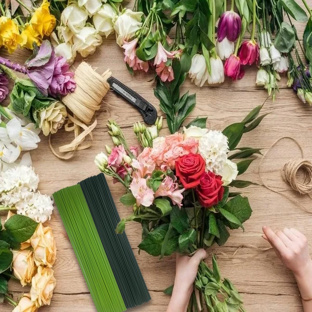 200 Stück Blumendraht Grün 30cm | Mit Floristenband | Für Bastelprojekte