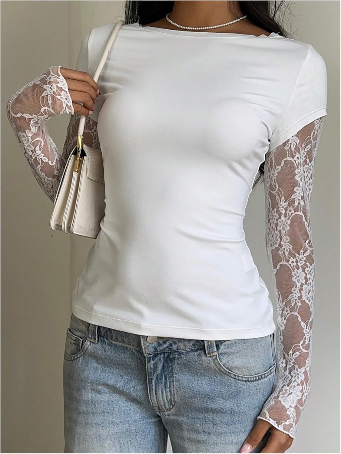 Verdusa Women's Floral Lace Sheer Going Out Tops Boat Neck Fitted T Shirts - Image 4