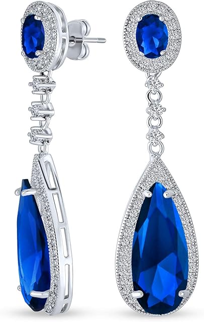20CT Art Deco Style Simulated Gemstone Jewel Colors AAA Cubic Zirconia Halo Linear Long Pear Solitaire CZ Statement Dangle Teardrop Chandelier Earrings For Women Pageant Bridal Party Silver Plated