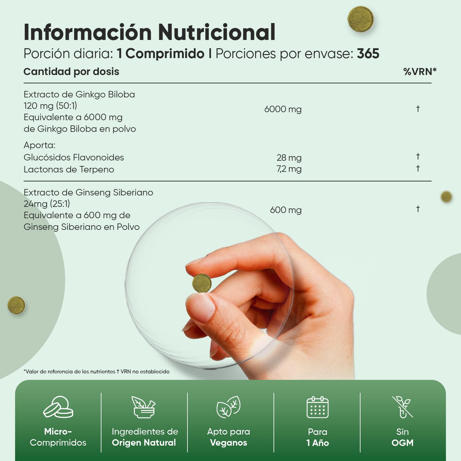 Ginkgo Biloba 6600 mg - 365 Comprimidos Veganos con Ginseng Siberiano 50:1 - Con 28 mg Flavonoides y 7,2 mg Terpenos - Suplemento de Origen Natural para 1 Año, Sin Gluten ni Estearato de Magnesio