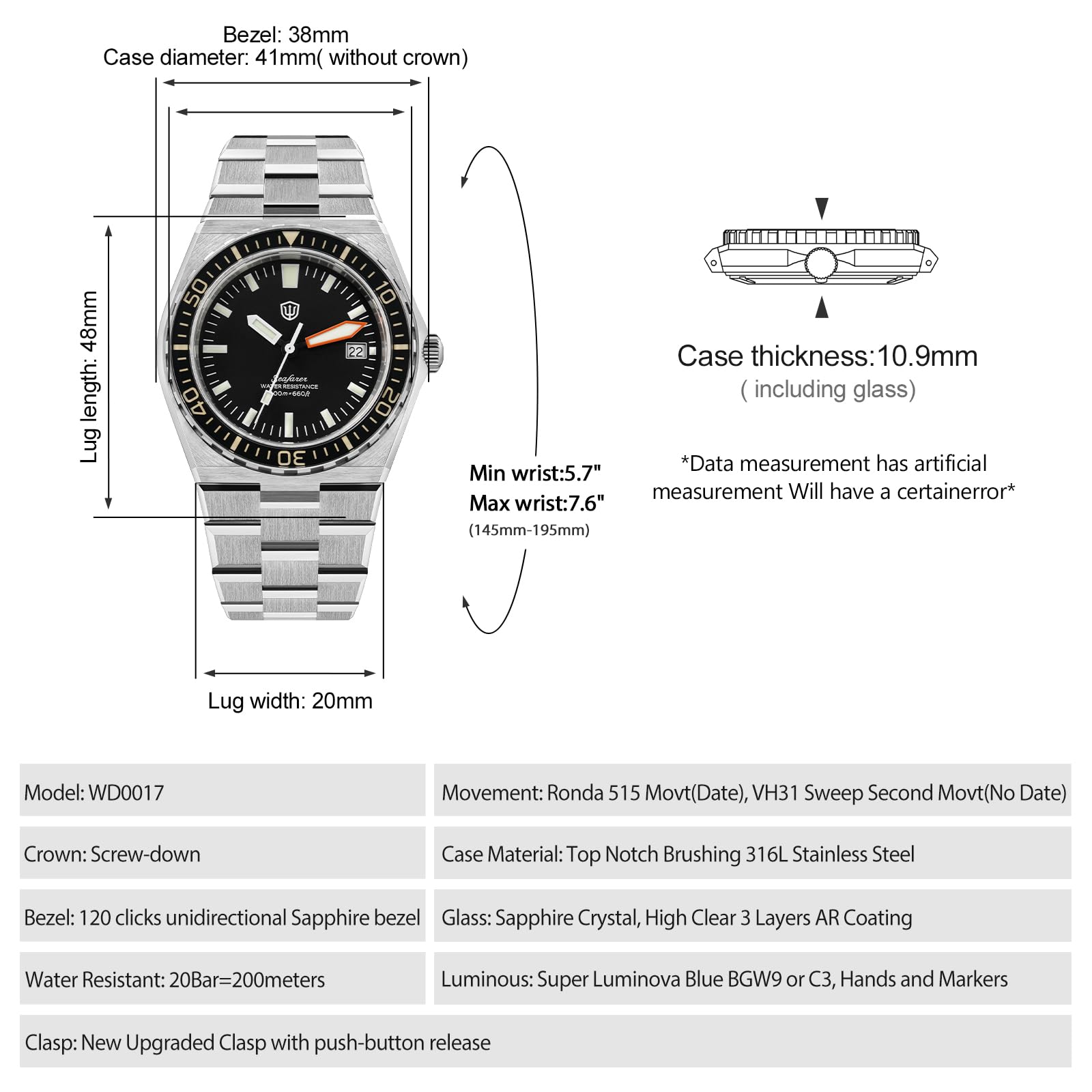 watchdives WD0017 Reloj de Buzo de Cuarzo para Hombre, VH31 Barrido Segundos / RD515 Movimiento, Cristal de Zafiro, Bisel de Zafiro Totalmente Luminoso, Resistente al Agua 200M Reloj Deportivo de