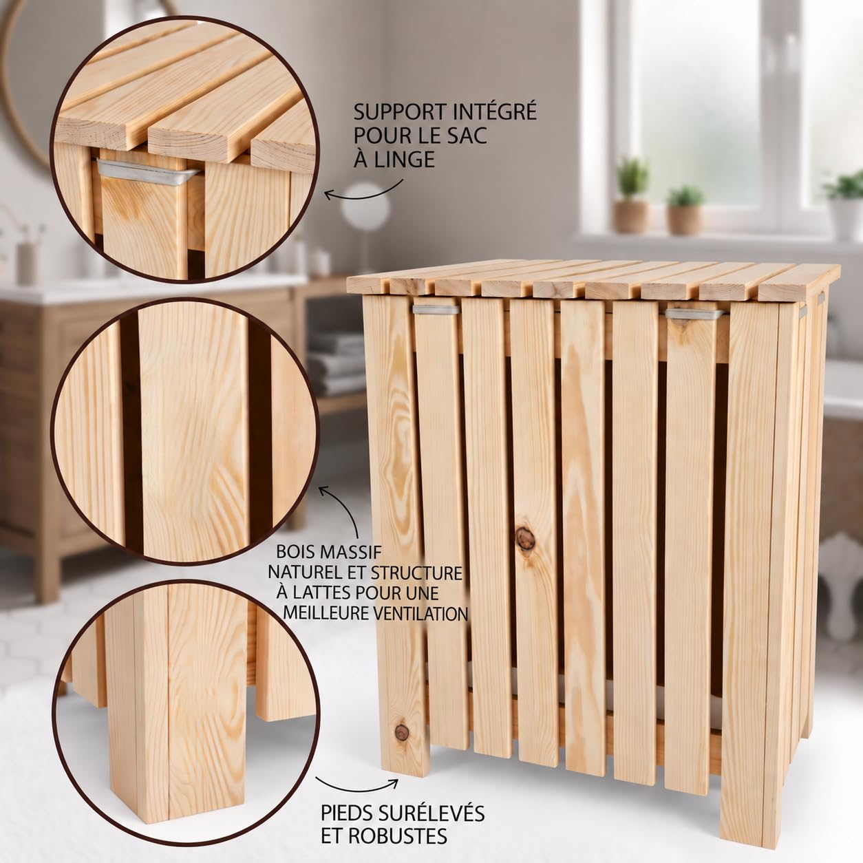 VELORA H&L Coffre à linge en bois avec couvercle - Panier à linge sale avec sac à linge amovible, bac à linge pour salle de bain, chambre et buanderie