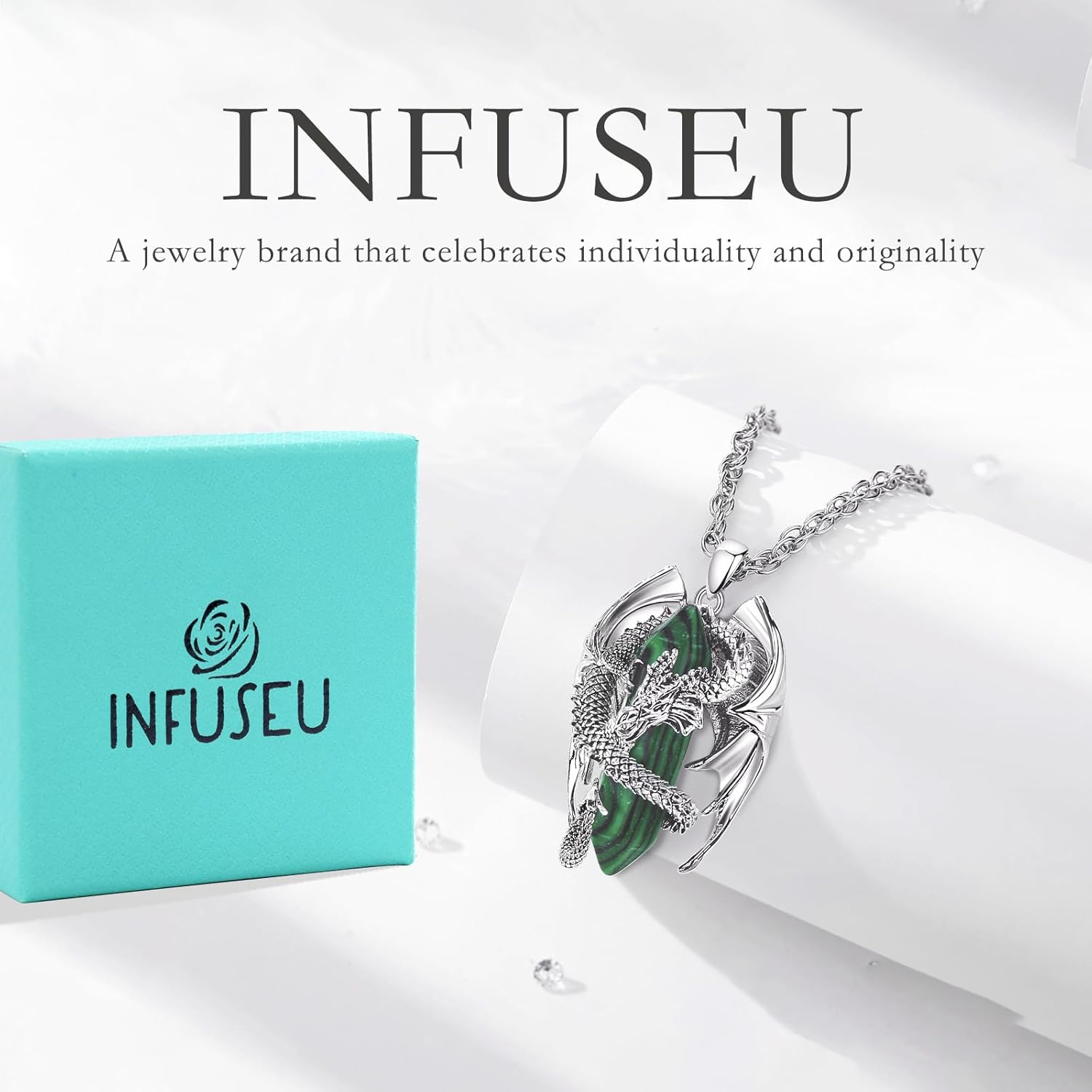 INFUSEU Unique Dragon Necklaces with Healing Crystal Stone for Men Women, Personalized Spiritual Gifts, 24 Inch Chain - Image 2