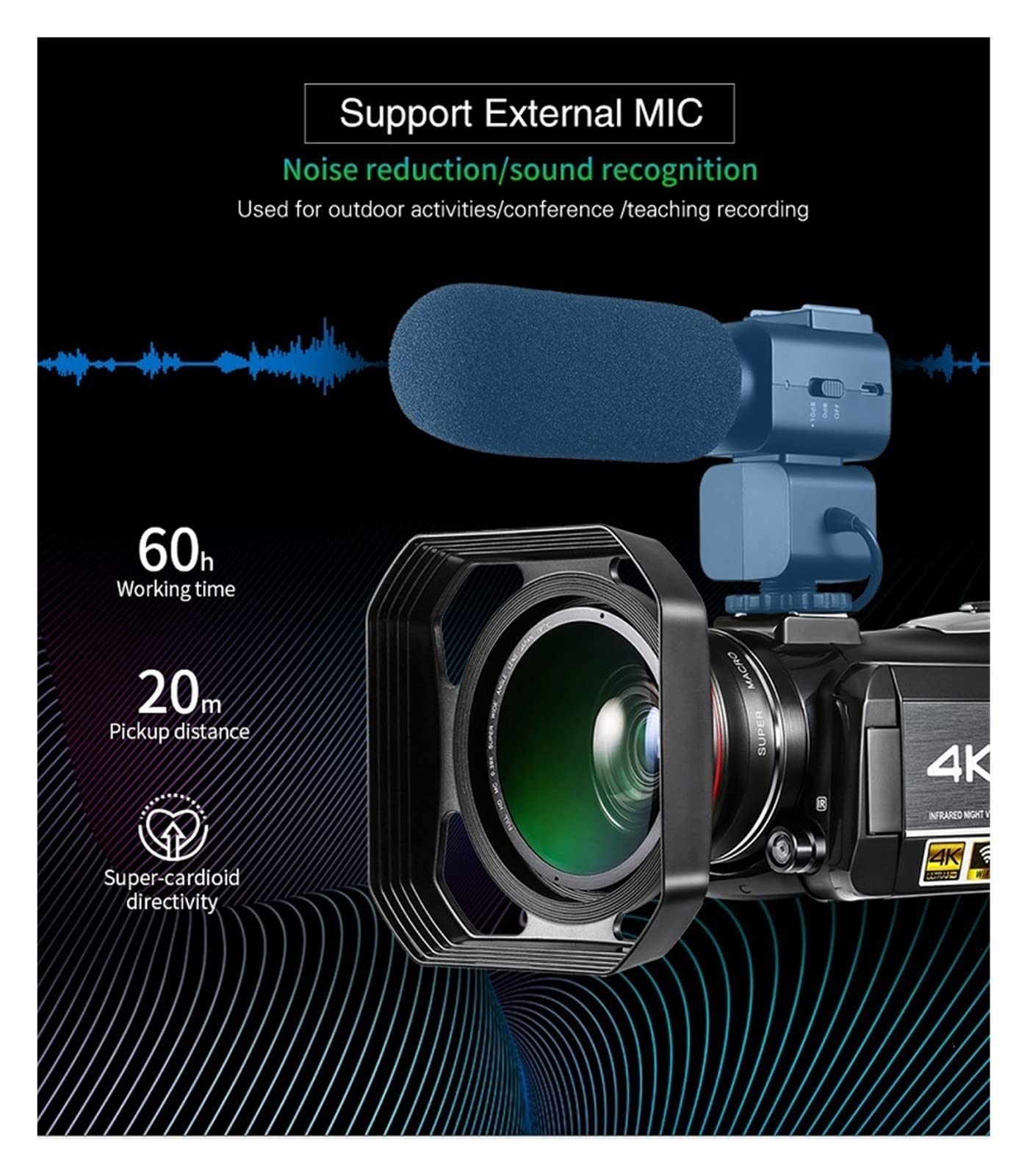 Videocamera, Videocamera 4K Camcorder Professional Vlogging Digital Vlogging Segreder, AC3. Vlog Fotocamere filmadora con Microfono 6 4 GB SD. Carta