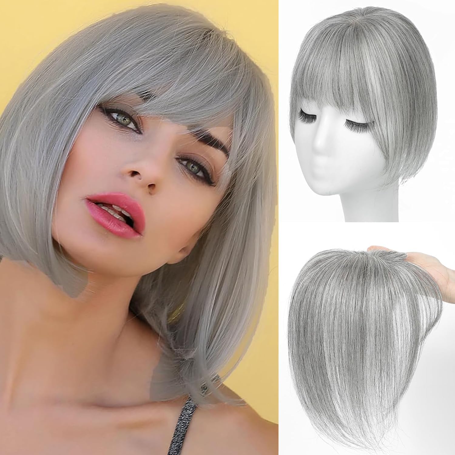 Amchoice Hair Toppers for Women Real Human Hair, Bangs Hair Clip 360° 3D Cover Bangs, Human Hair Toppers for Women Daily(Gray, 3D French Bangs (5 * 9)