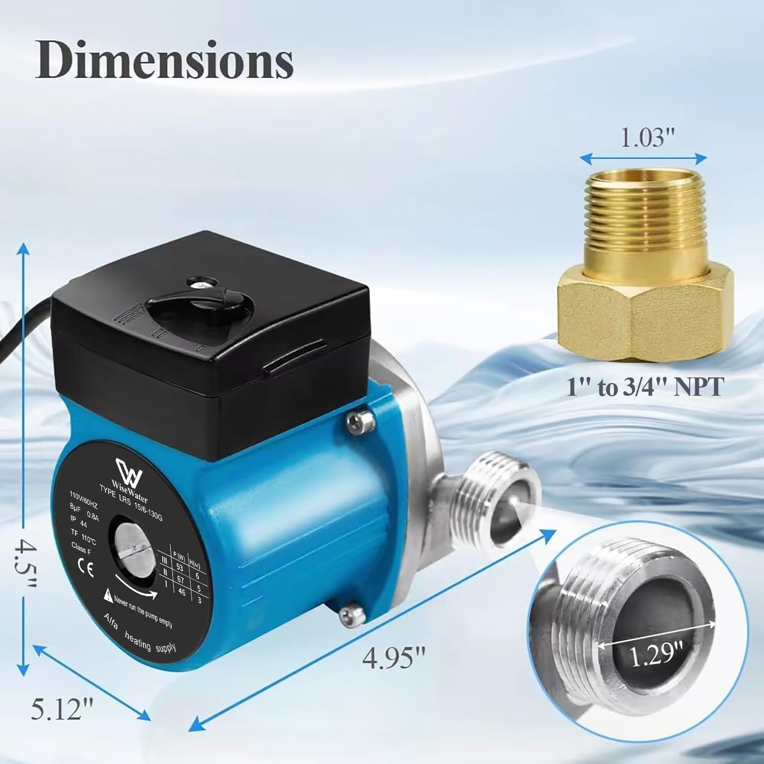 WiseWater 304 Stainless Steel Hot Water Recirculating Pump (1" NPT), 12.6 GPM 3-Speed, 20ft Head, Ultra-Quiet 30dB with 3/4'' NPT Adapters for Heating Systems (Blue)