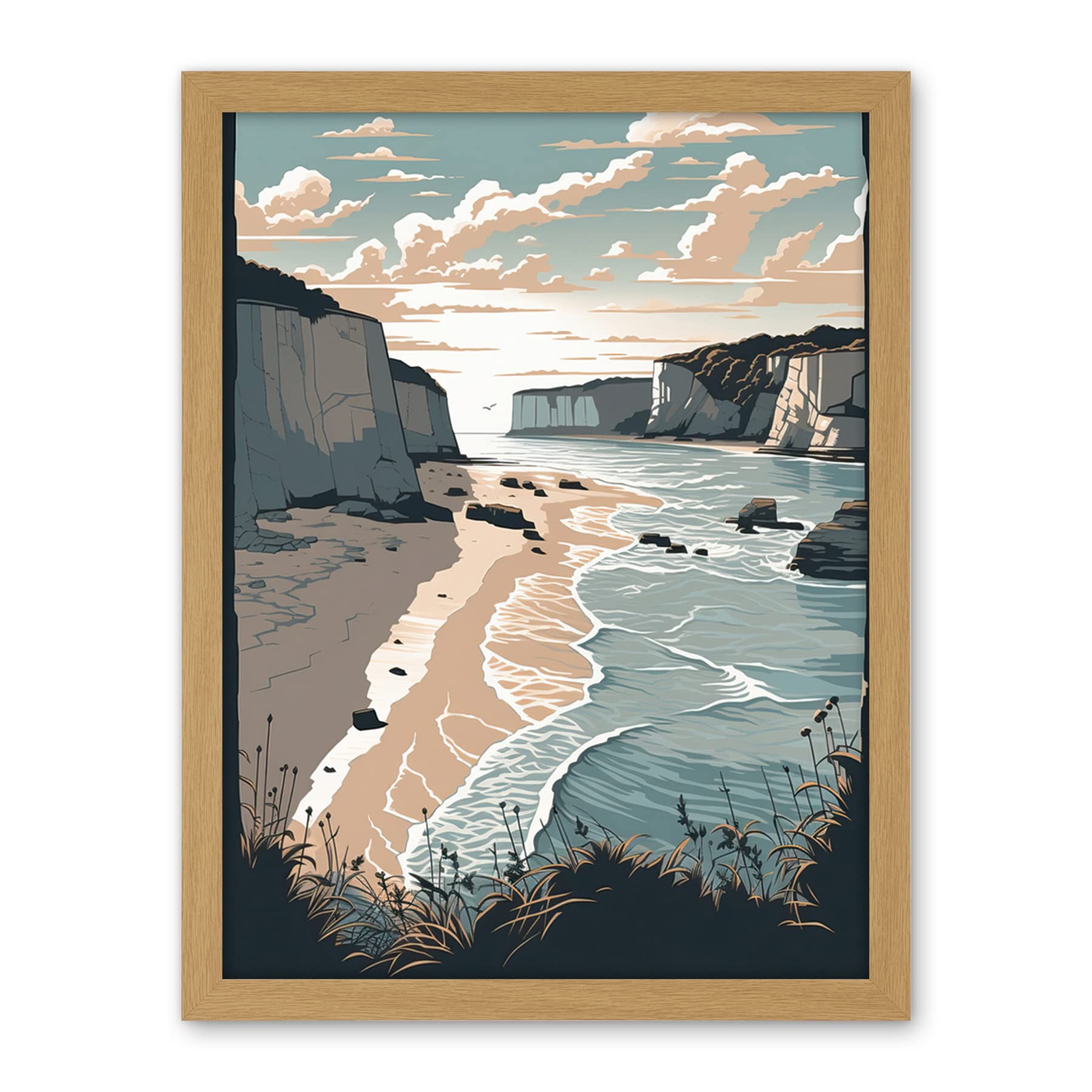 Artery8 Bay with Cliffs Pastel Colour Coastal Landscape Artwork Framed Wall Art Print 18X24 Inch
