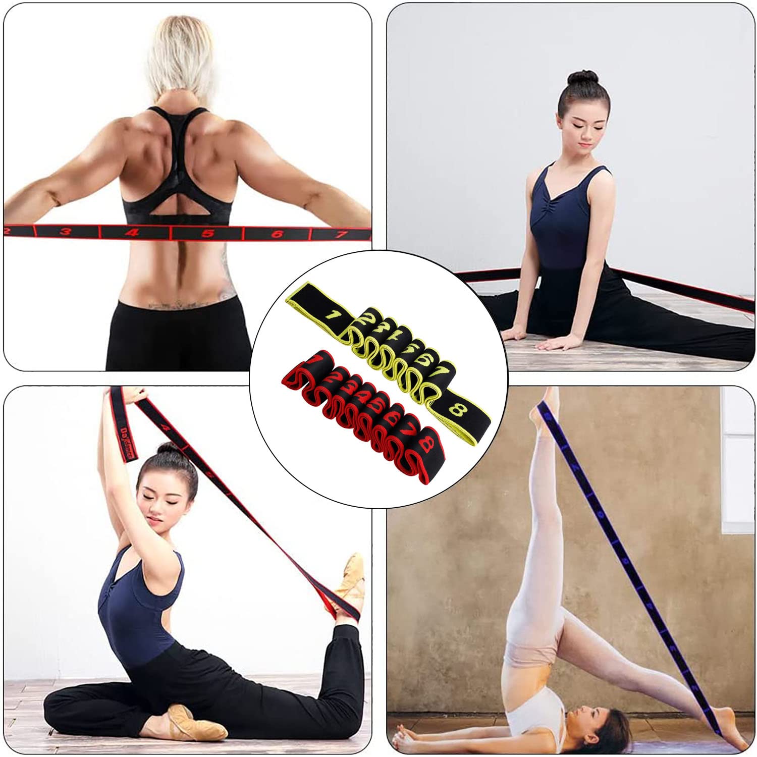 2 Pezzi Fascia Elastica per Yoga, Fasce Elastiche di Resistenza, Bande di Allenamento per Ginnastica, Fascia Esercizio Regolabile con Più Anelli, per Fitness, Danza, Ginnastica (Rosso+Giallo)