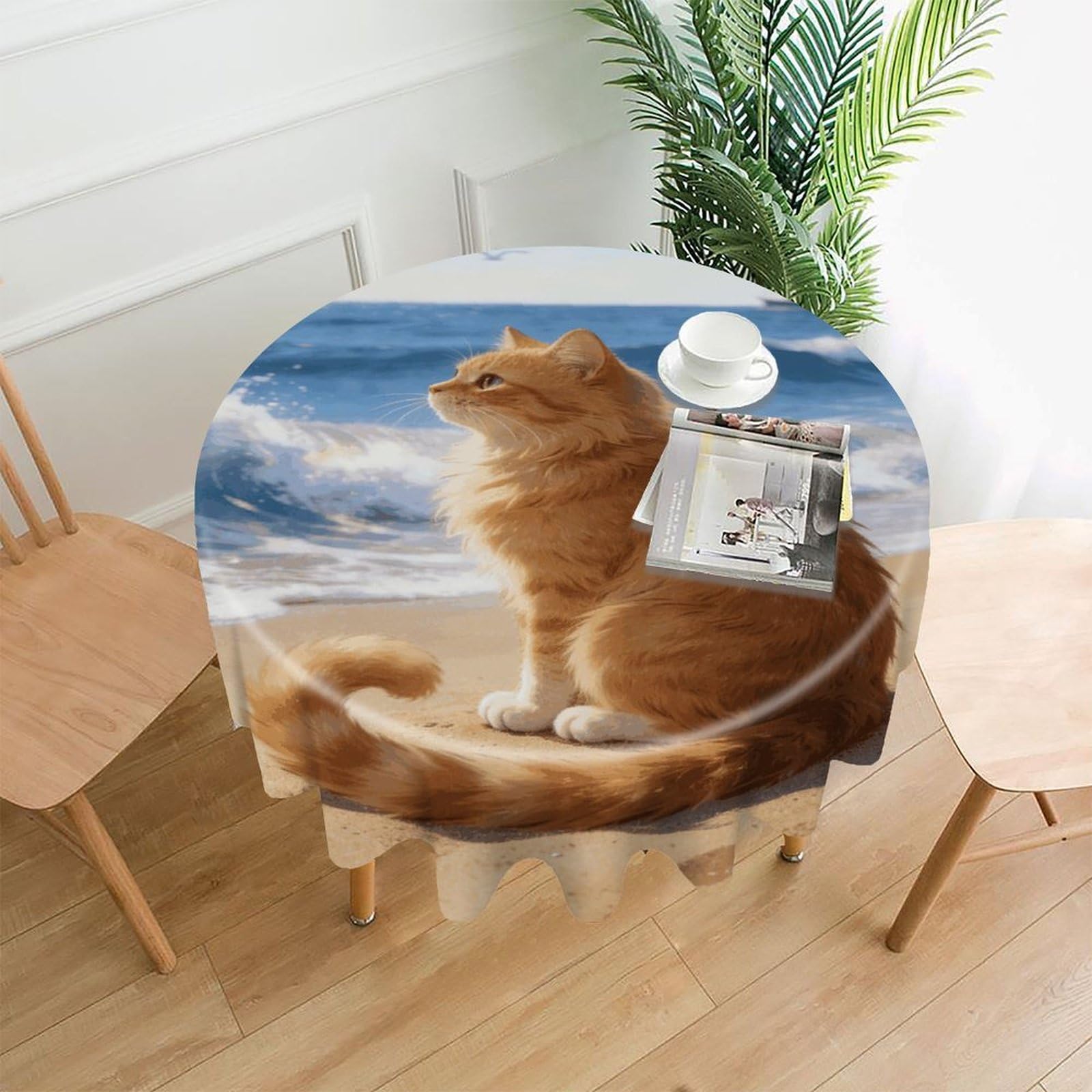 LZQPOEAS Wave Sound and Cat Tablecloth Easy to Clean Polyester Round Table Cover Washable Round Table Cloth Wrinkle-Free Circle Decoration Tablecloth for Kitchen and Dining Room 60"