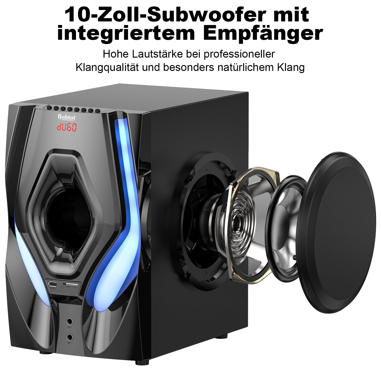 Bobtot Heimkino-System mit Surround-Sound-Lautsprechern, 1200 Watt | 10" Subwoofer, 5.1 Soundsystem mit Umgebungslicht, tiefen Bässen, ARC, optischem Bluetooth-AUX-Karaoke-Eingang für Fernseher