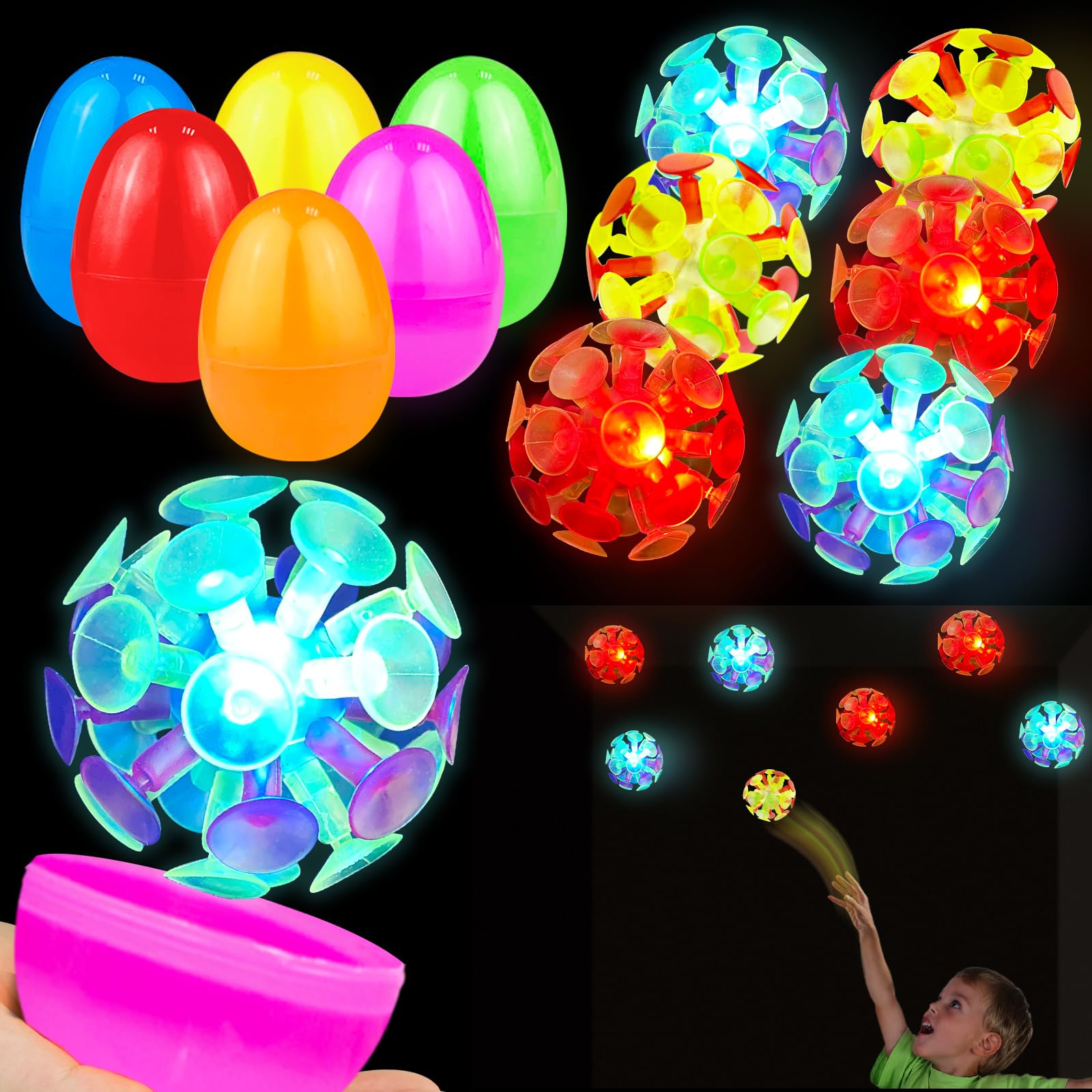 - Easter Basket Stuffers for Kids, 6 Pack 3" Jumbo Filled Easter Eggs with Light Up Suction Cup Balls, Easter Eggs Filled Stress Relief Fidget Toys Tossing Stick Balls for Egg Hunt Party Favors Gifts