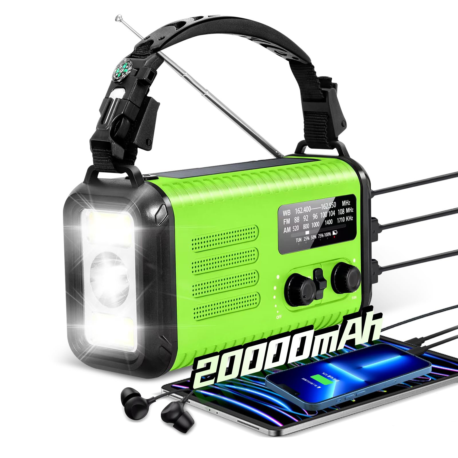 20000mAh / 74000mWh Emergency Crank Radio, NOAA/AM/FM Portable Weather Radio, Solar Hand Crank Radio, Battery Powered with USB Phone Charger, Flashlight Reading Lamp & SOS for Survival (Light Green)