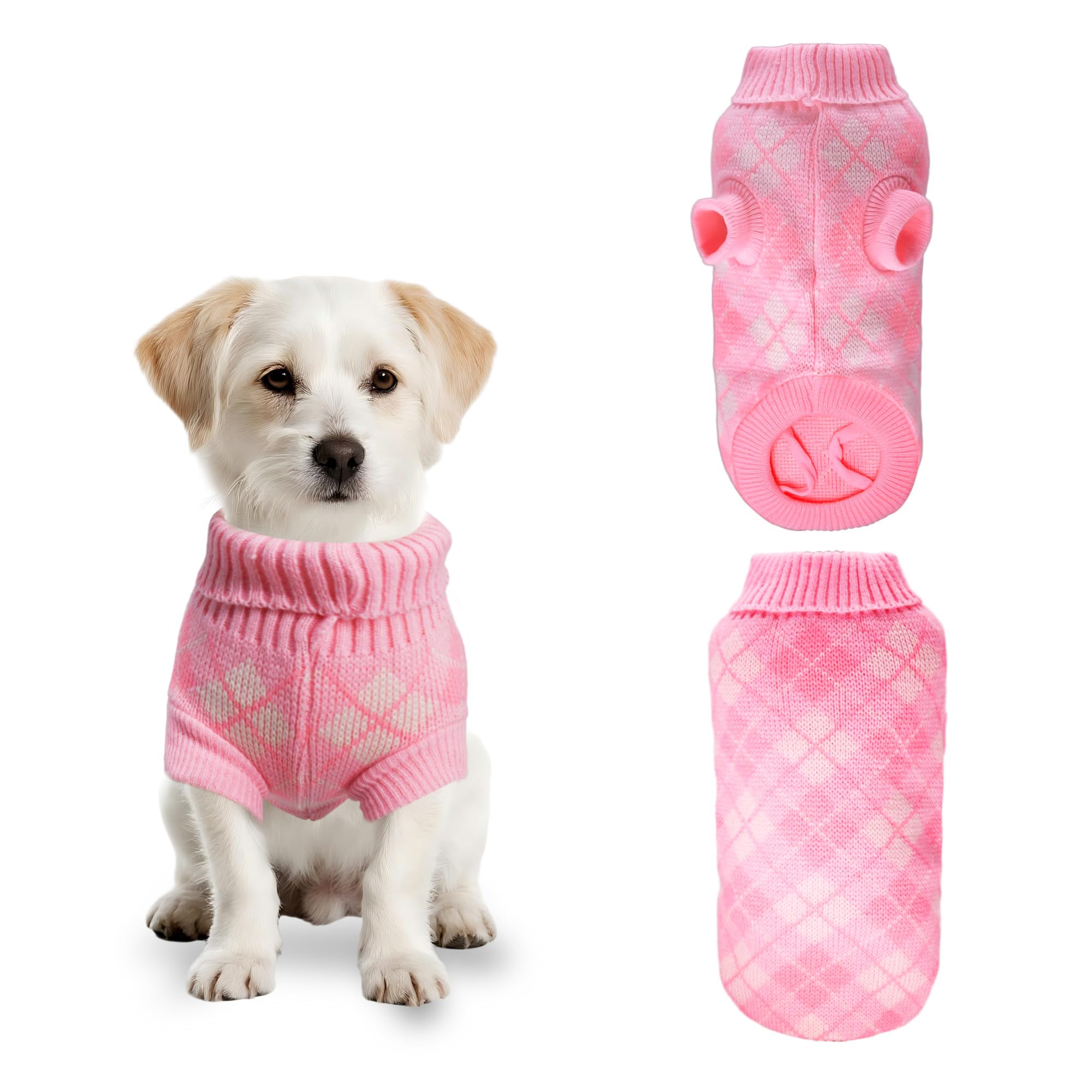 PawSailor Knitted Small Dog Jumper Plaid Pattern Turtleneck Puppy Pullover Soft Comfortable Winter Warm Pet Clothes for Small Dogs and Cats Like Maltese, Yorkies, Miniature Dachshund, Pink M