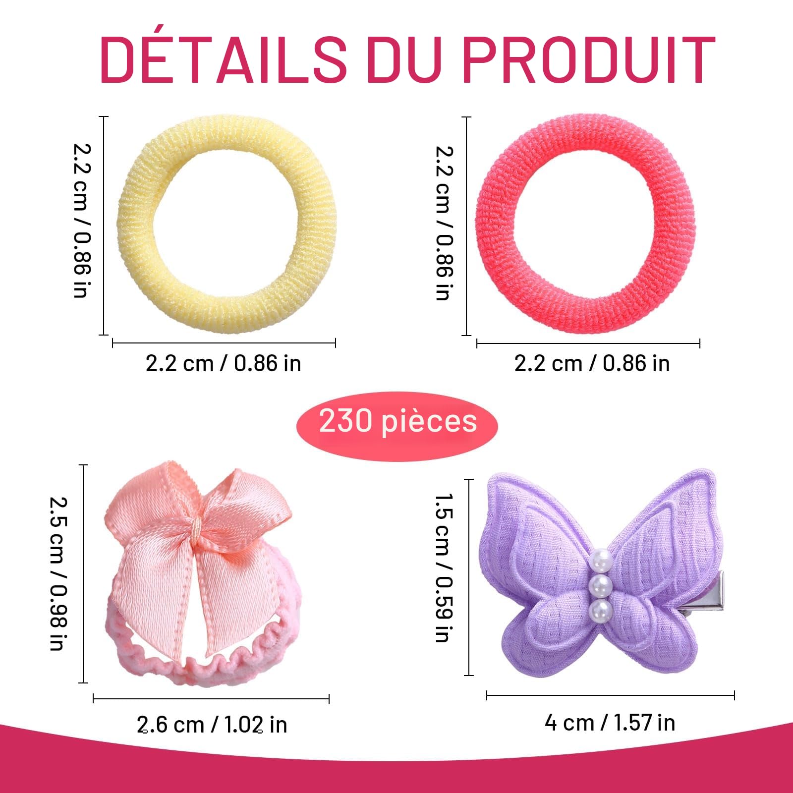 Ensemble d'accessoires pour cheveux pour filles, 230 pièces, barrettes à cheveux papillon et élastiques Rose et multicolore