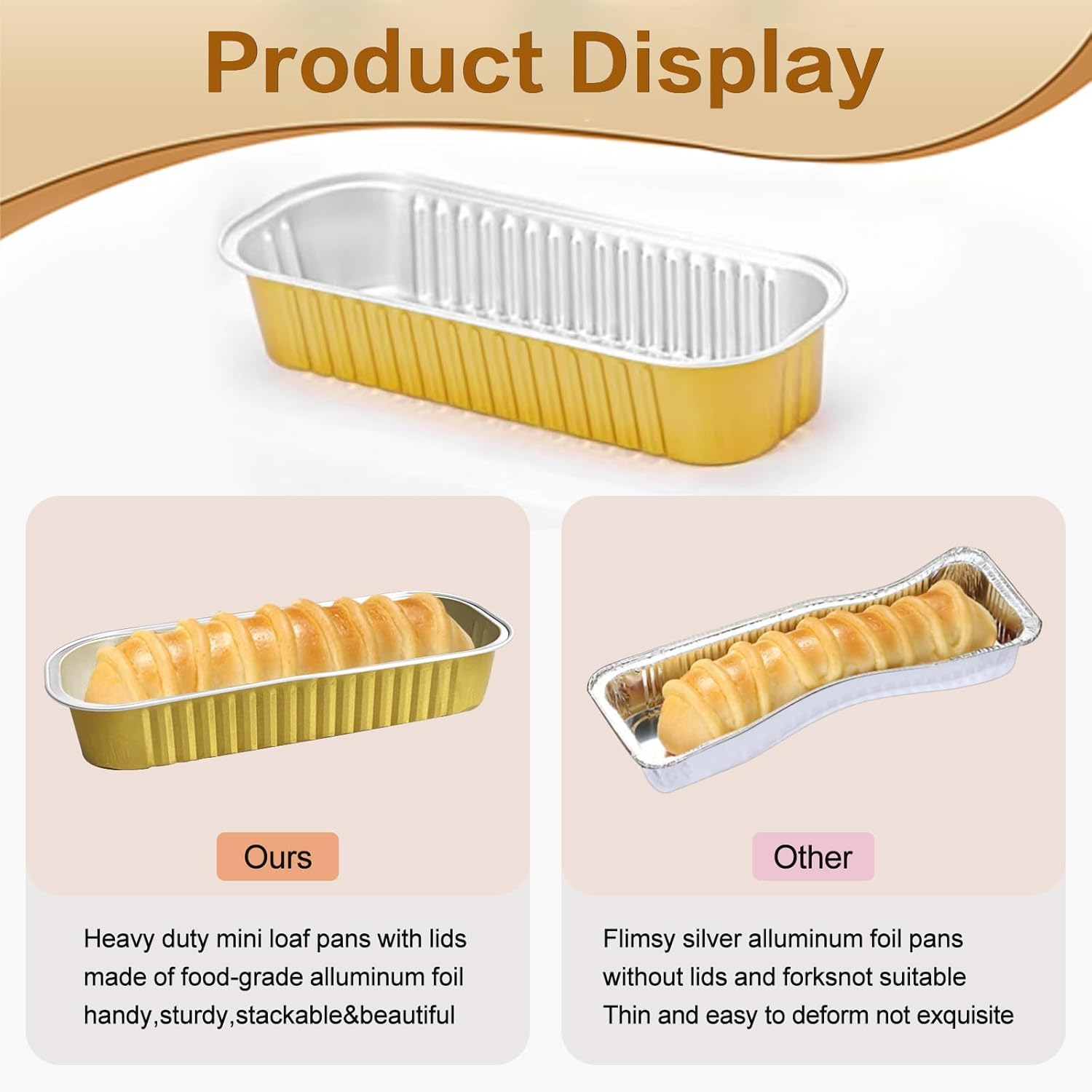 Mini Cake Pans With Lids And Spoons 50 Pack,6.8 oz Rectangle Mini individual Loaf Pans Disposable Aluminum Foil Small Baking Cups Tins (50, gold) - Image 5