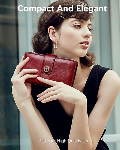 Miniatura 3 de BOSTANTEN Carteras de cuero para mujer, bloqueo RFID, gran capacidad, triple tarjetero, embrague para teléfono, F-Vino Rojo-Doble Cremallera,