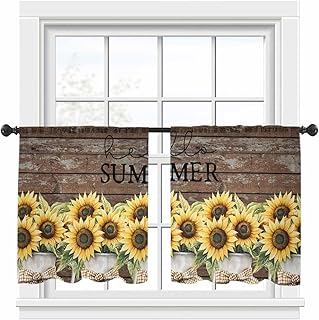 Hello Summer Sheer Curtains 45 Inch Long, Yellow Sunflower Bow Wood Grain Light Filtering Rod Pocket Window Sheer for Living Room Bedroom, 2 Panels, 52"x45"